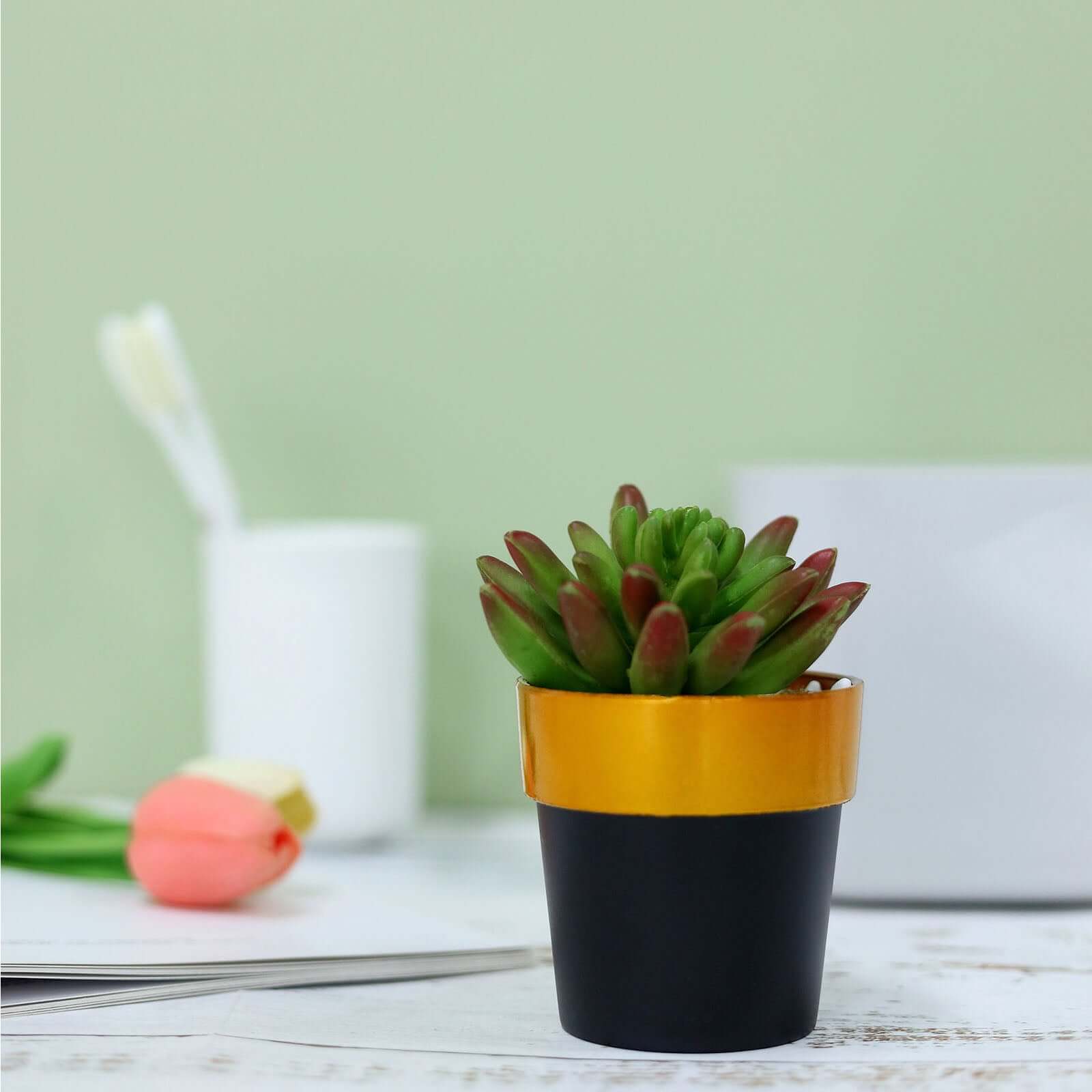 3-Pack Flower Plant Pots Small Design Black with Gold Rim - Plastic Indoor Decorative Planters 3