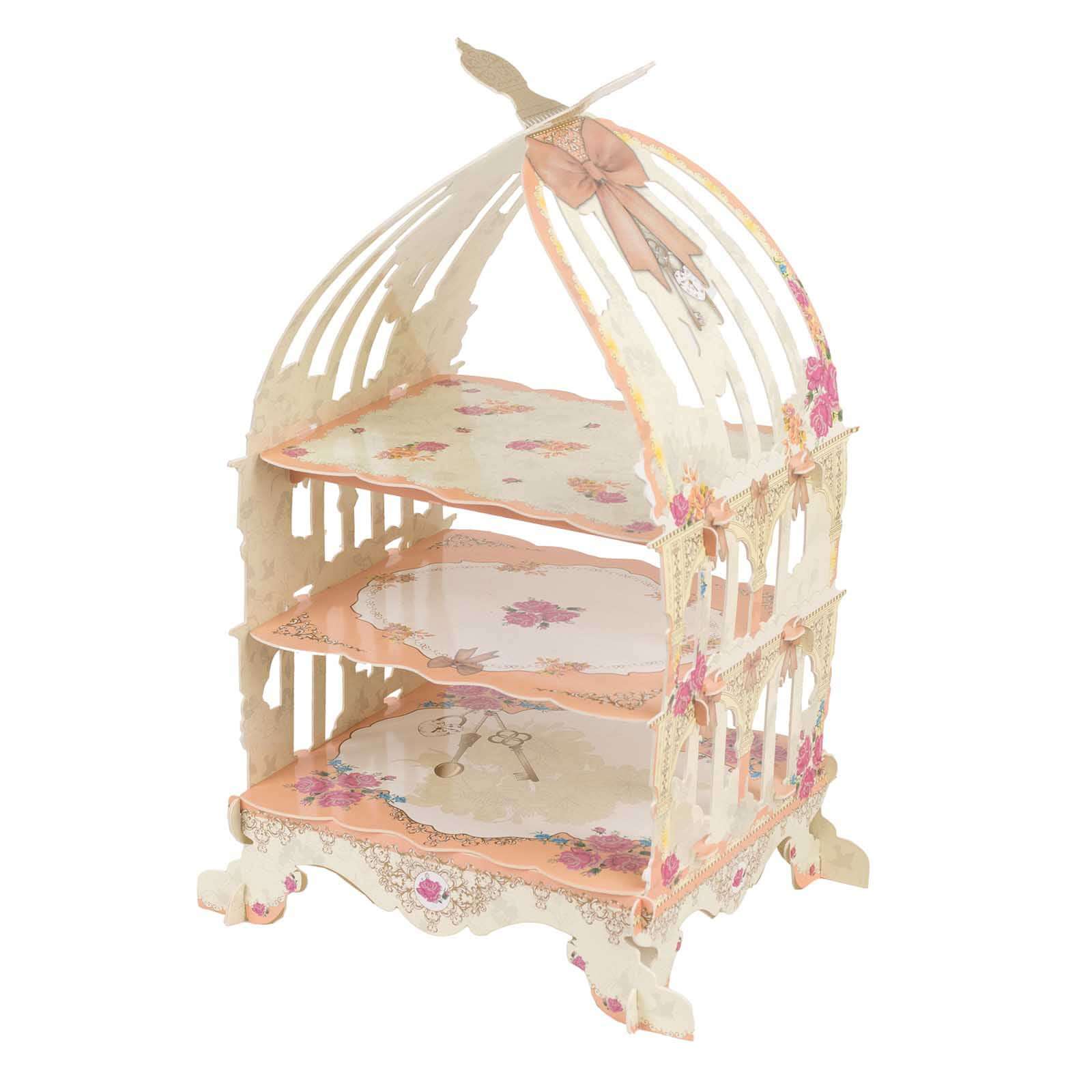 3 Tier Cardboard Cupcake Stand White/Peach Birdcage Style - Charming Reusable Cake Display Holder with Floral Print for Dessert Bars Afternoon Teas & Party Decor 18