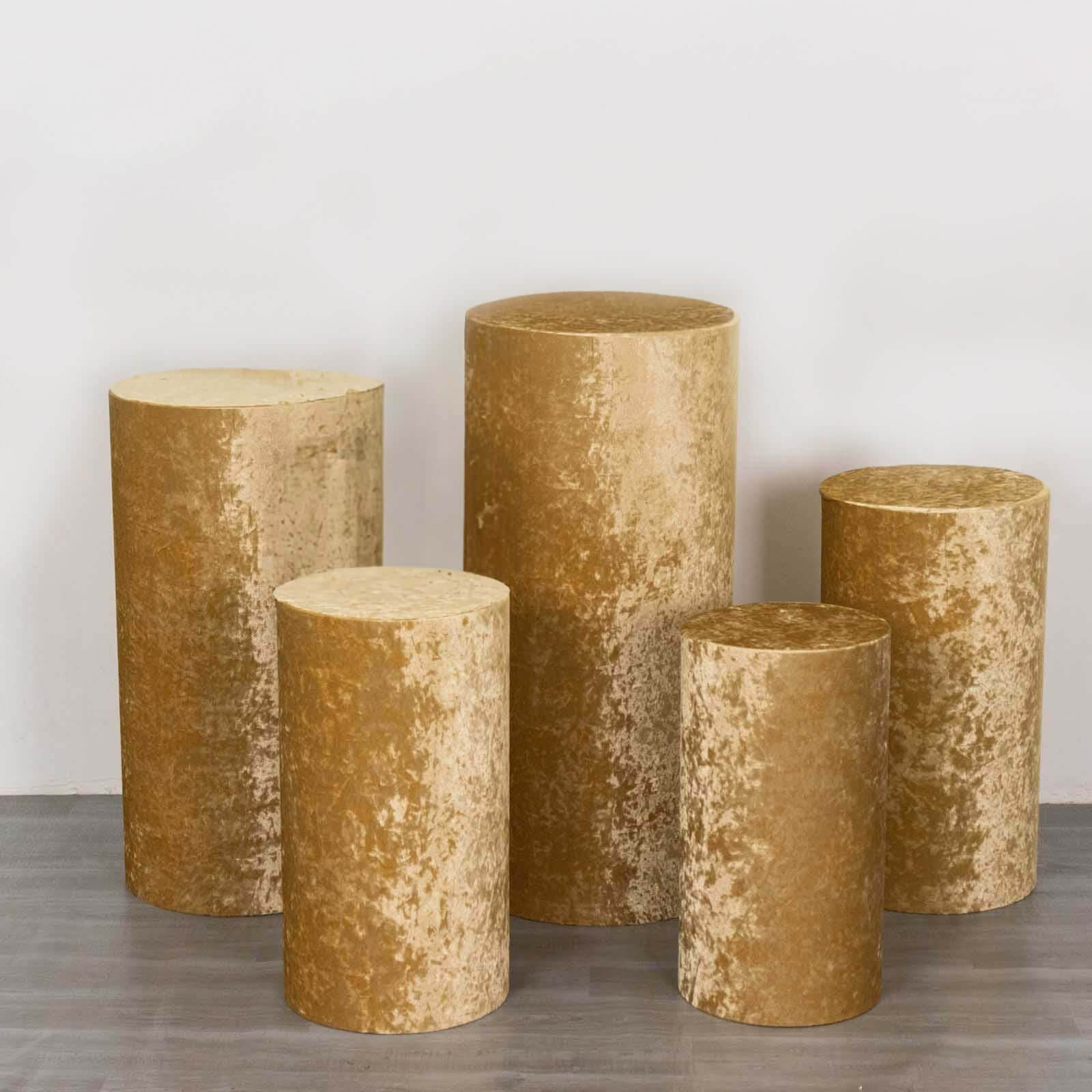 Set of 5 Champagne Crushed Velvet Cylinder Pedestal Stand Covers, Premium Pillar Prop Covers