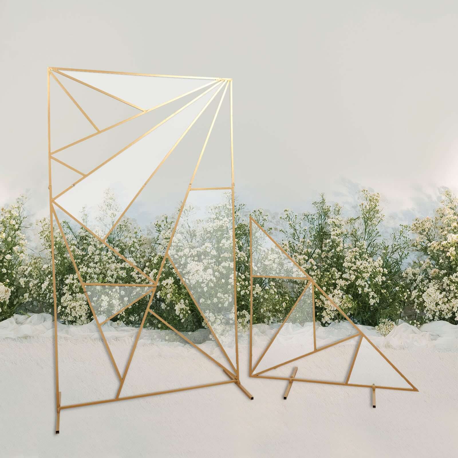 6ft Tall Gold Metal Rectangular Geometric Flower Frame Prop Stand, Wedding Backdrop Floor Stand With Cloudy Film Insert