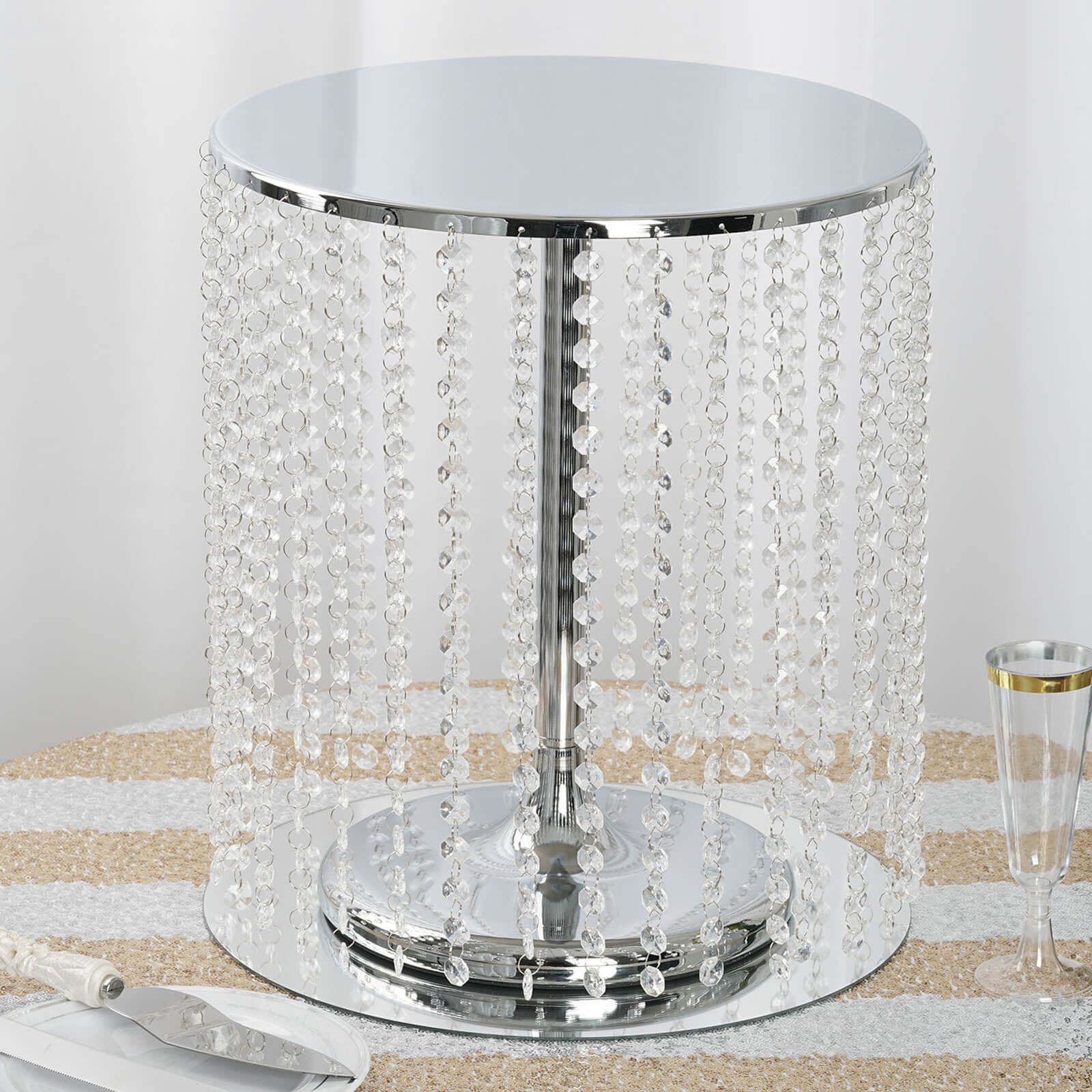 Metal Cake Stand Round Design Metallic Silver with Crystal Chains 14 Dia - Cupcake Dessert Pedestal 16Tall