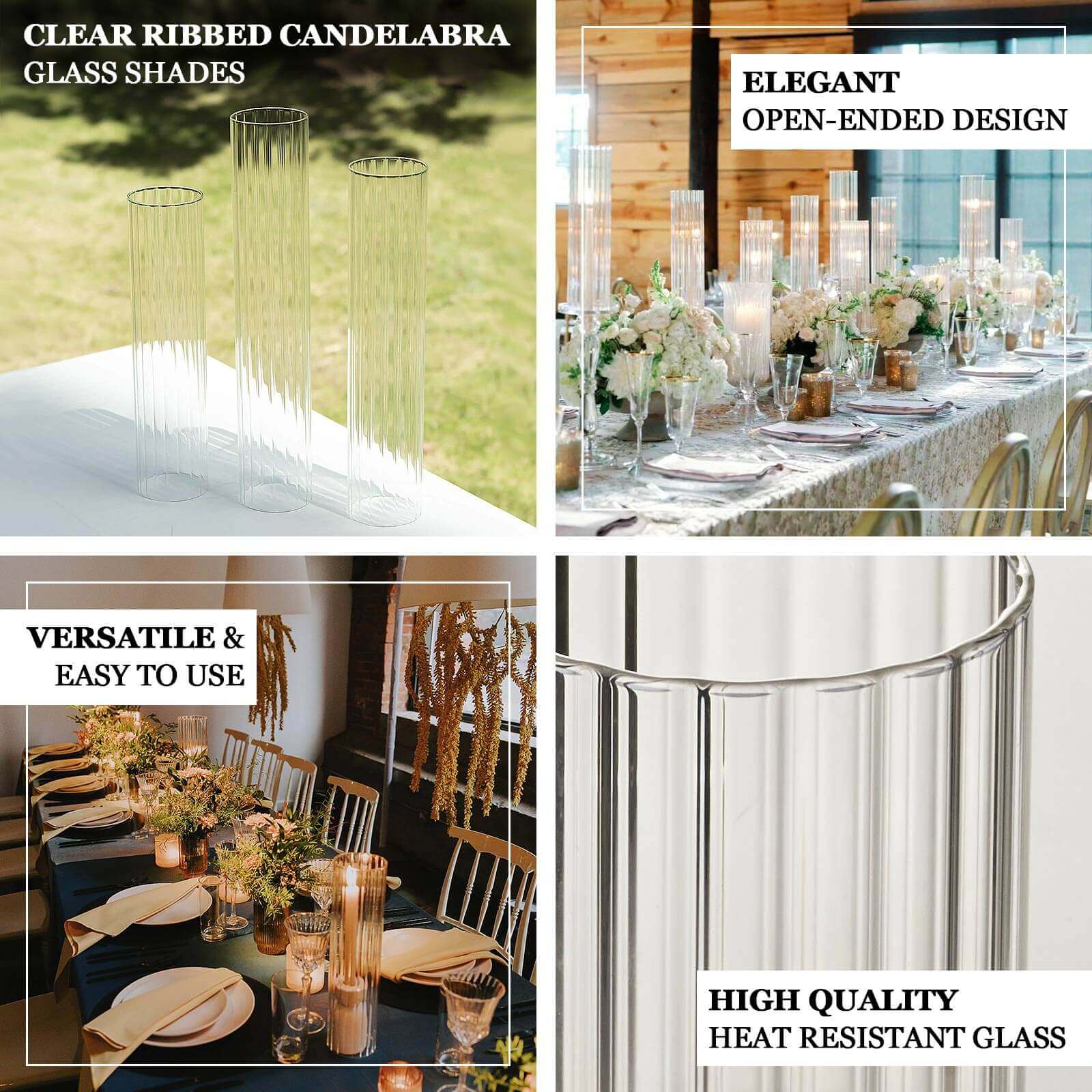 2-Pack Clear Ribbed Glass Hurricane Shades Open End Design - Stylish Candelabra Pillar Candle Holder Table Centerpiece 10