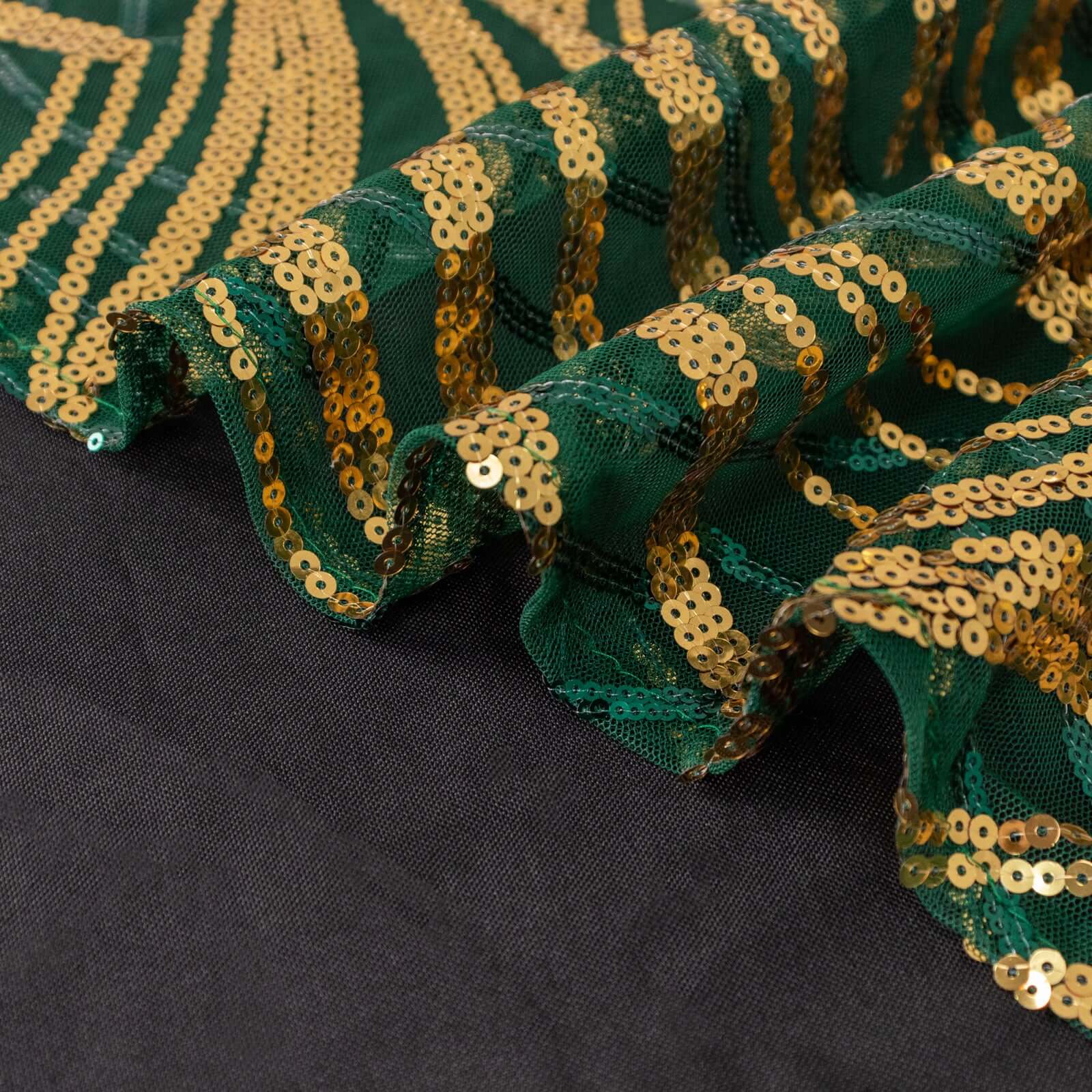 Sequin Mesh 12x108 Table Runner Hunter Emerald Green Stylish Wave Embroidery