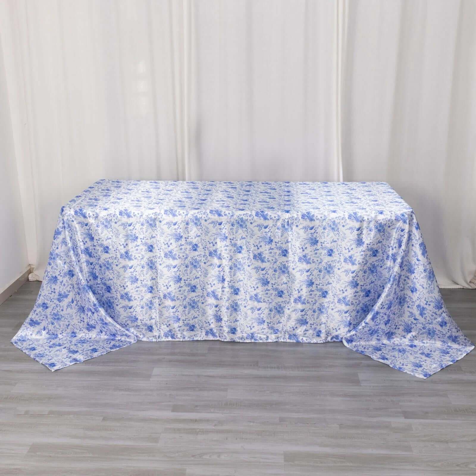 Satin Round 90x132 Tablecloth White/Blue French Toile Design - Seamless Stylish & Wrinkle-Resistant Table Cover