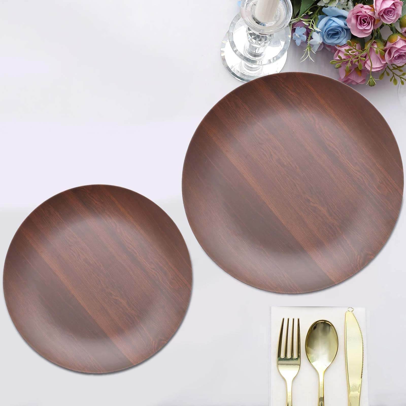 Pack of 6 Melamine 8 Round Dessert Plates in Brown Wood Grain Print - Disposable Shatterproof Appetizer Salad Plates for Rustic Farmhouse-Inspired Table Decor