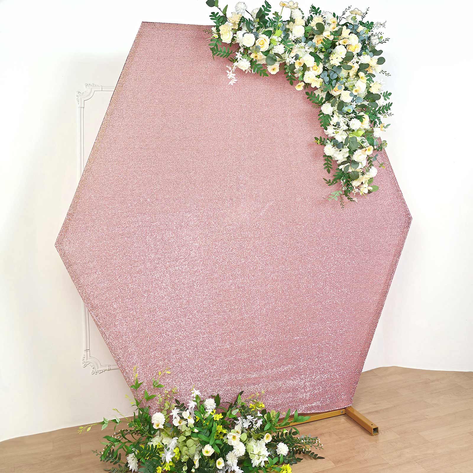 8ftx7ft Rose Gold Metallic Shimmer Tinsel Spandex Hexagon Wedding Arbor Cover, 2-Sided Backdrop