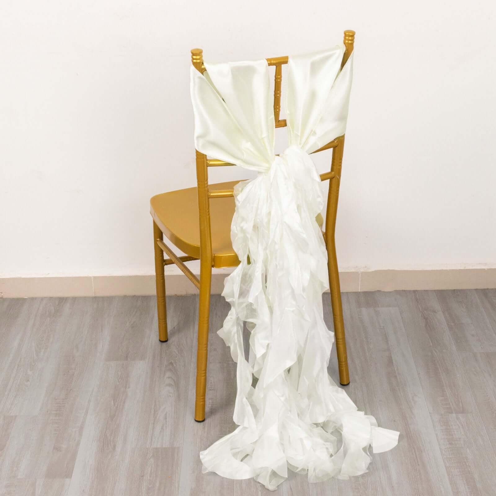 5 Pack Chiffon Satin Chair Sashes Ivory - Easy to Install Ruffled Curly Willow