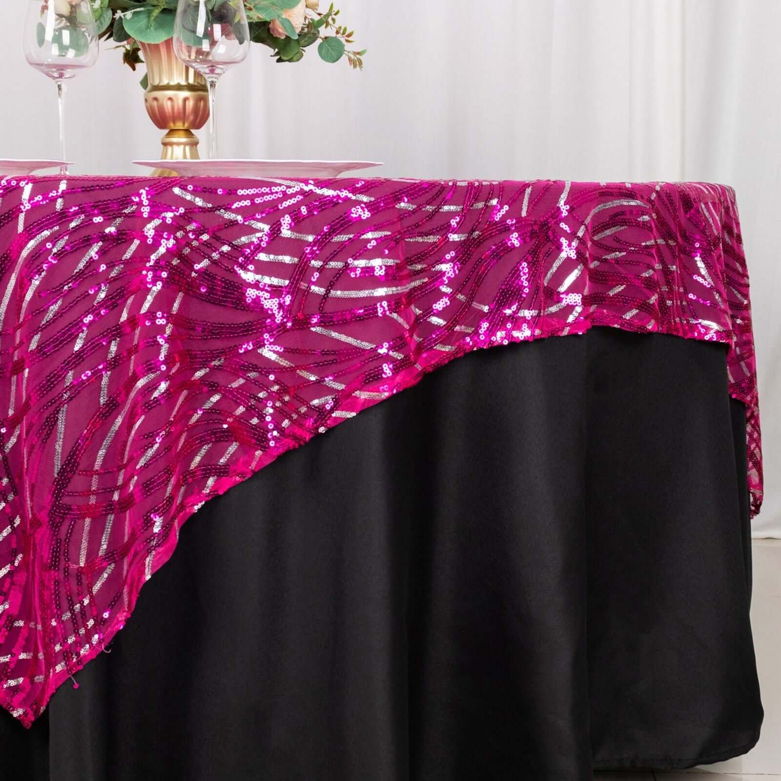 Mesh 72x72 Table Overlay Square Tablecloth Fuchsia Silver - Wave Embroidered Sequins Table Topper