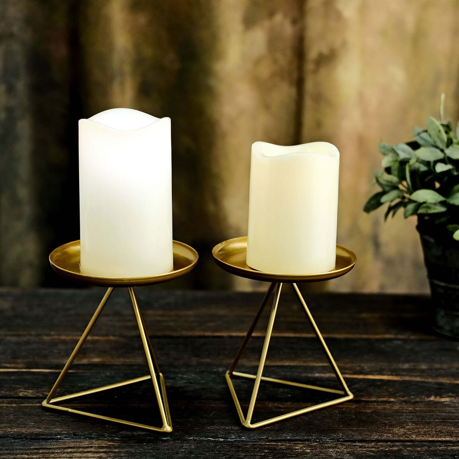 2-Pack Pillar Candle Holders Gold Metal Geometric Triangle Base Design - Decorative Centerpiece 5