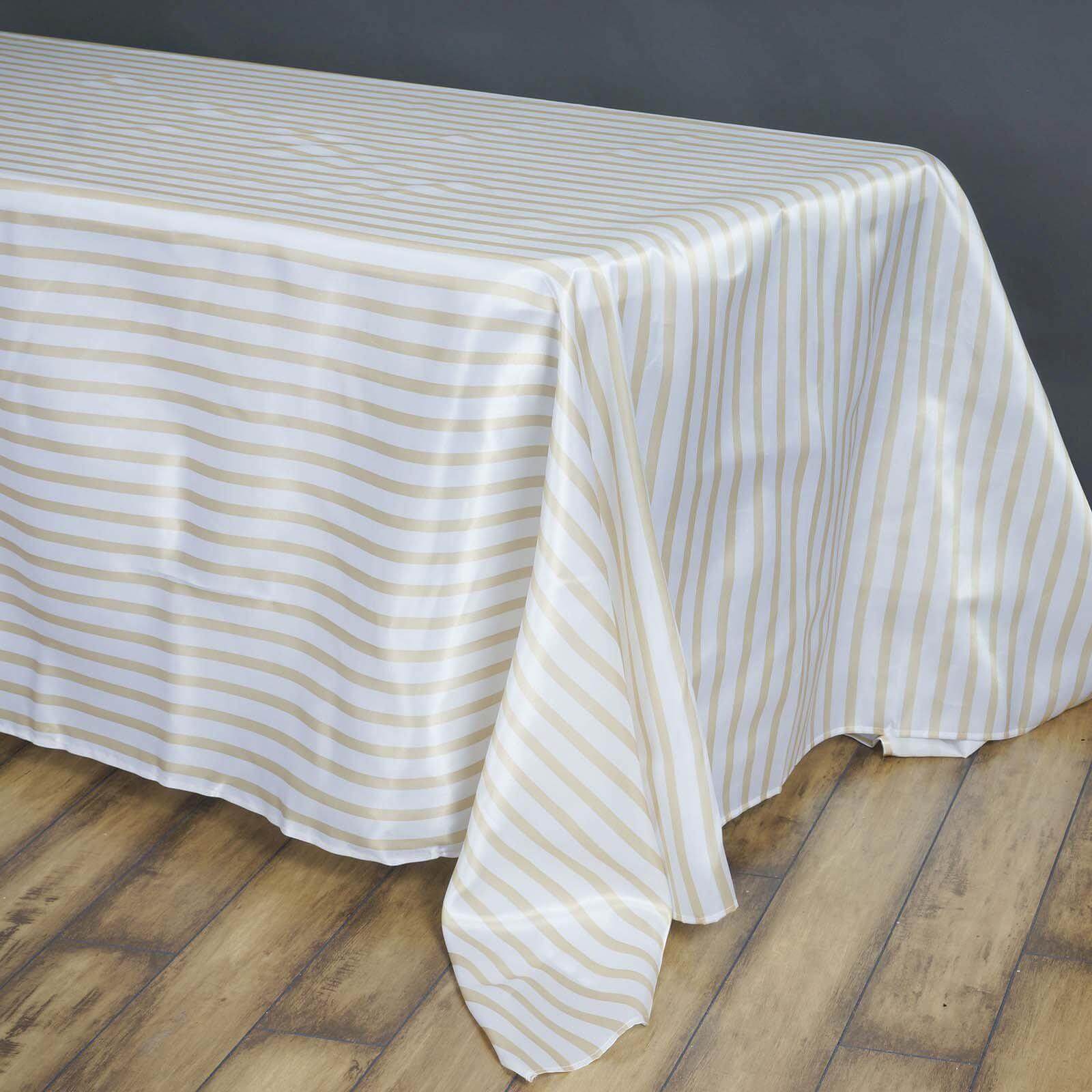 90x156 White Champagne Seamless Stripe Satin Rectangle Tablecloth for 8 Foot Table With Floor-Length Drop