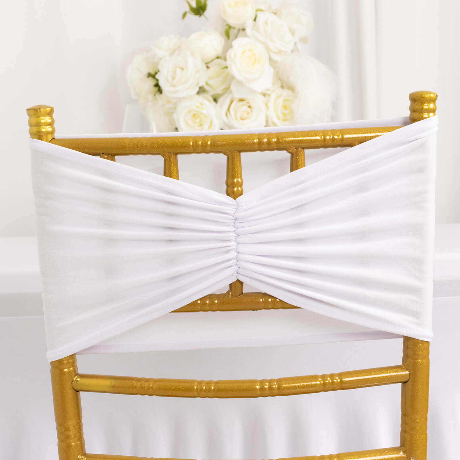 5 Pack Spandex Chair Sashes White Ruffled Style - Wide Easy to Use Stretch Chair Bands for Classy Wedding and Event Decor 8x13