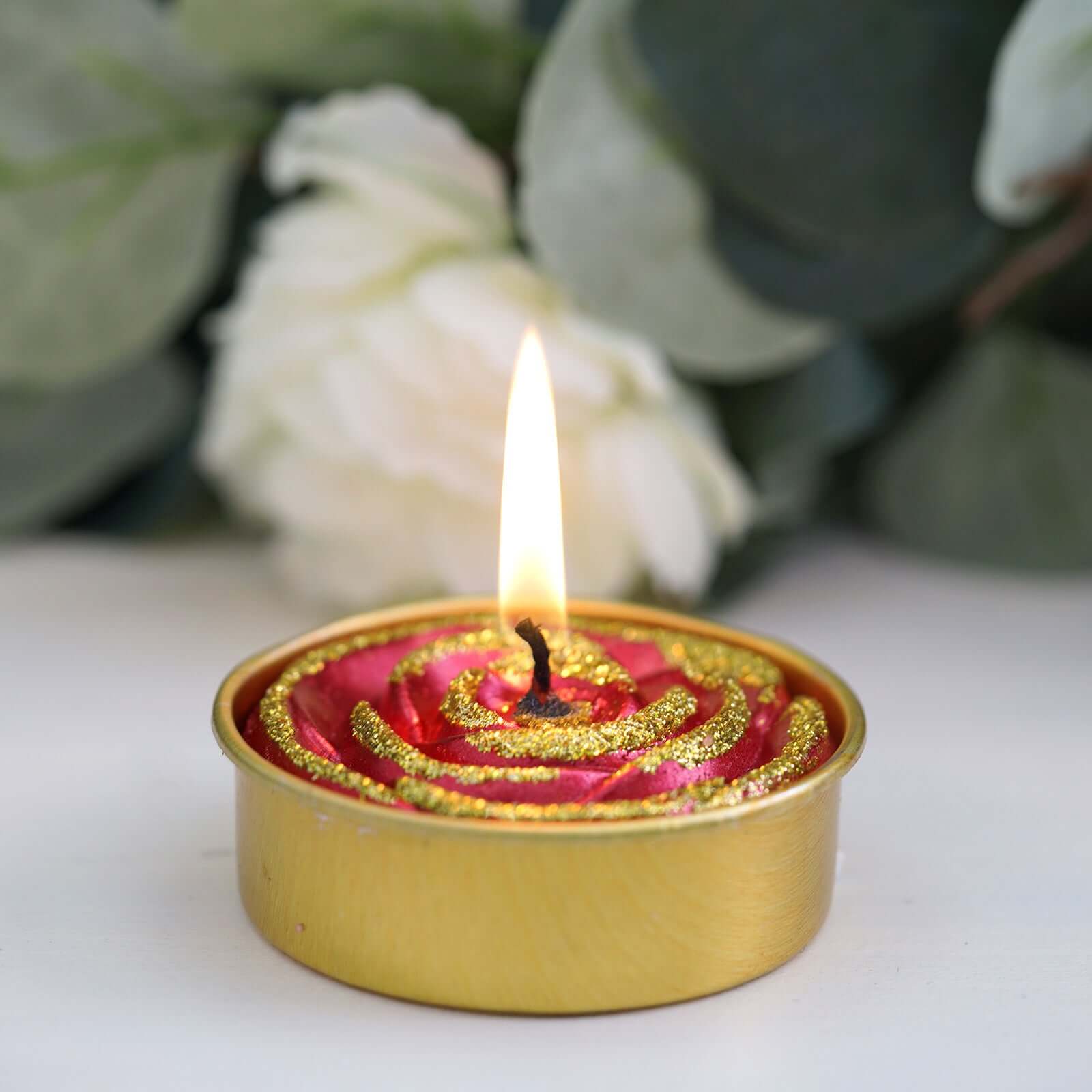 2-Pack Tealight Candles Red/Gold Glitter Rose Design - Unscented Dripless Wax for Romantic Decor