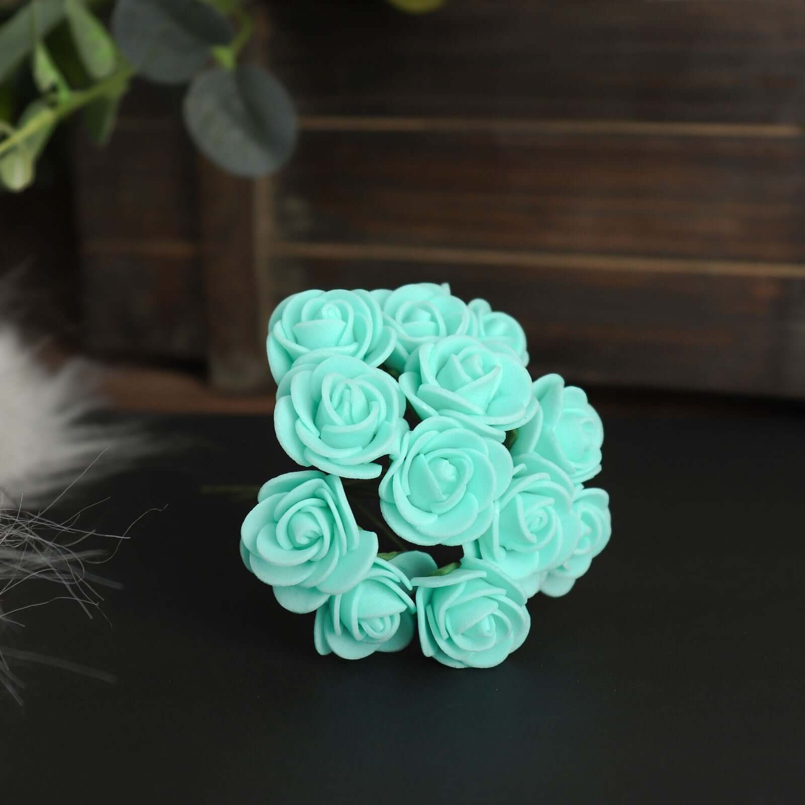 48 Roses 1 Turquoise Real Touch Artificial DIY Foam Rose Flowers With Stem, Craft Rose Buds