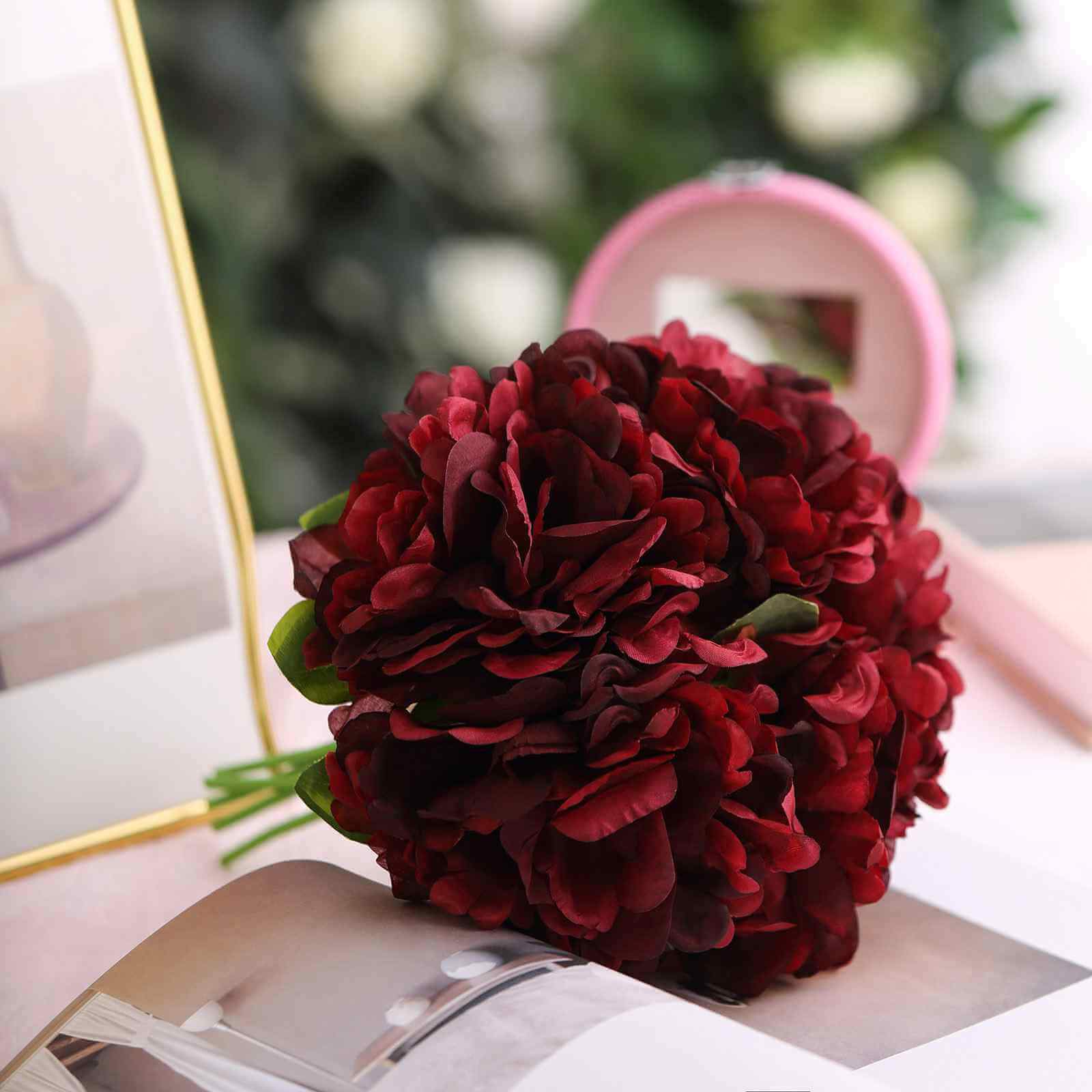 11 Burgundy Real Touch Artificial Silk Peonies Flower Bouquet