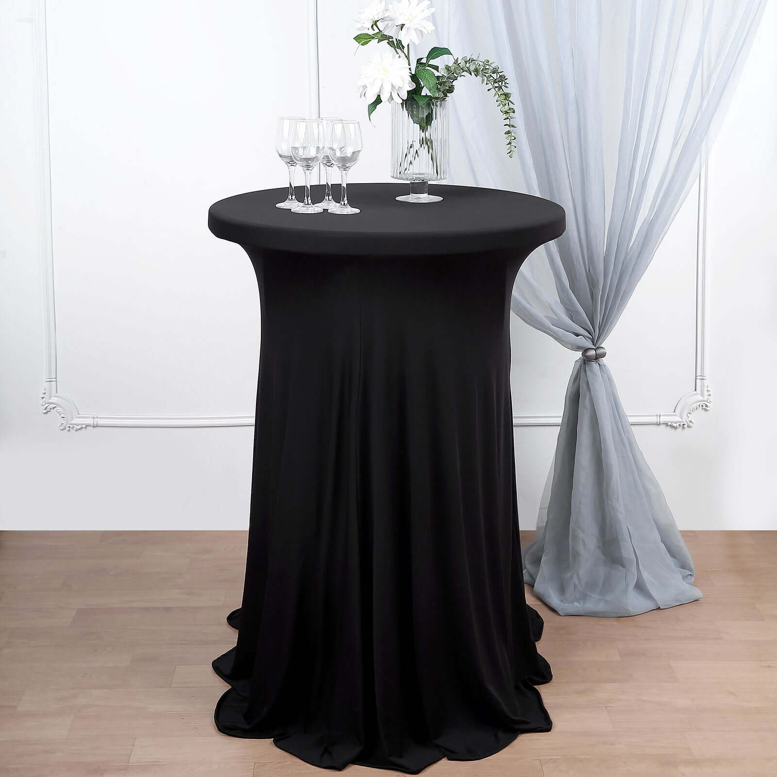 Spandex 32 Round Cocktail Table Cover Skirt Black With Natural Wavy Drapes