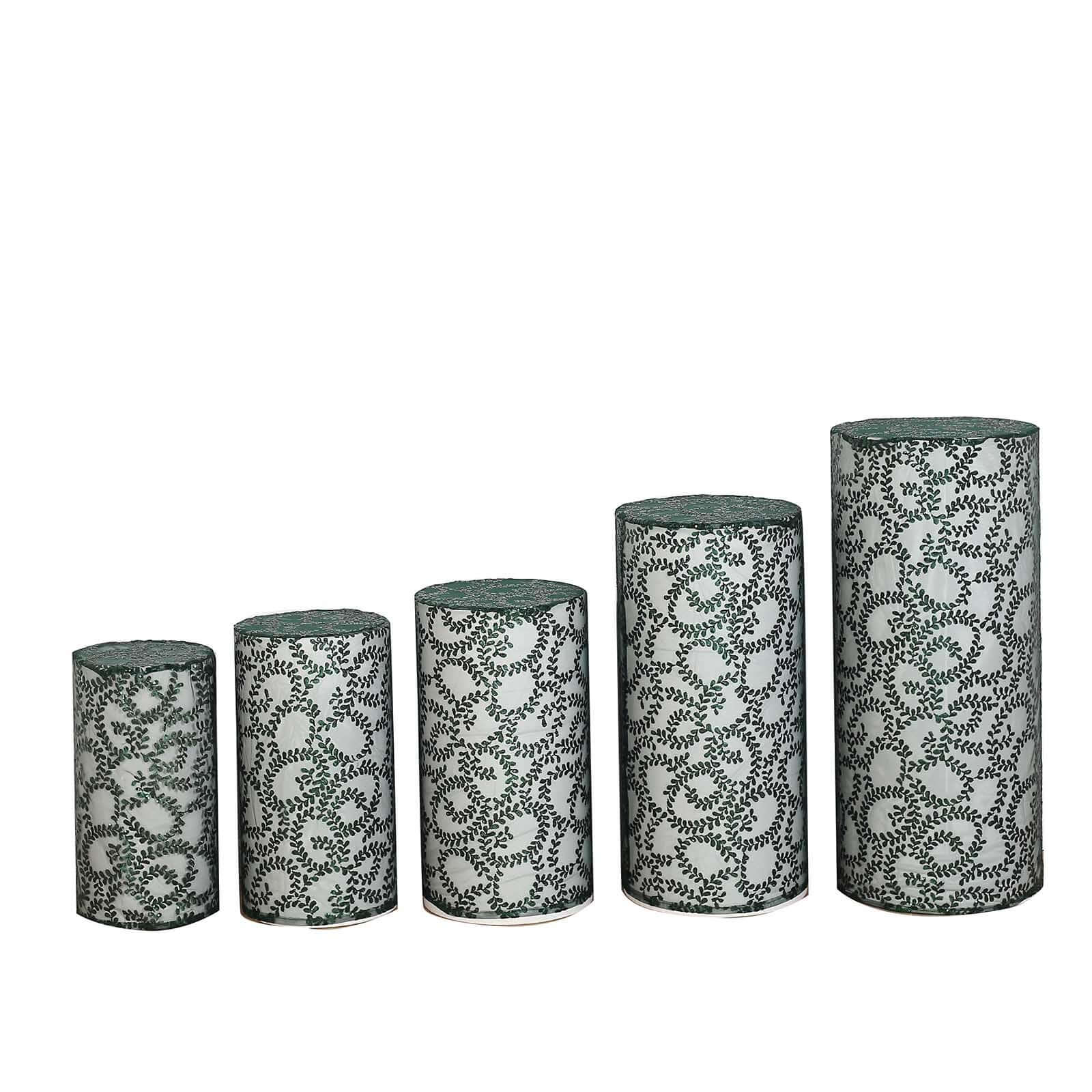 Set of 5 Hunter Emerald Green Sequin Mesh Cylinder Pedestal Stand Covers with Leaf Vine Embroidery, Sparkly Sheer Tulle Pillar Prop Covers