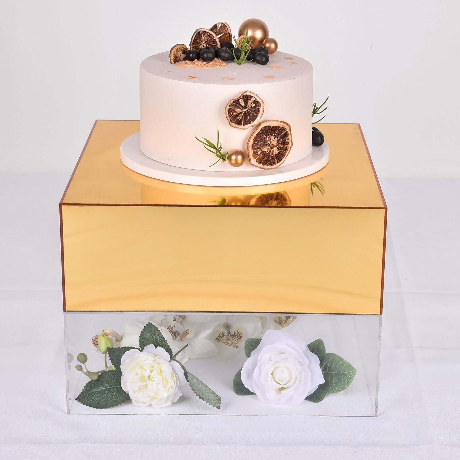 Acrylic Cake Box Stand Pedestal Riser Mirror Finish Gold - Display for Desserts and Events 14x14