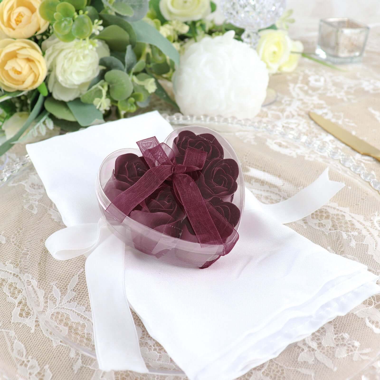 4 Pack 24 Pcs Burgundy Scented Rose Soap Heart Shaped Party Favors With Gift Boxes And Ribbon