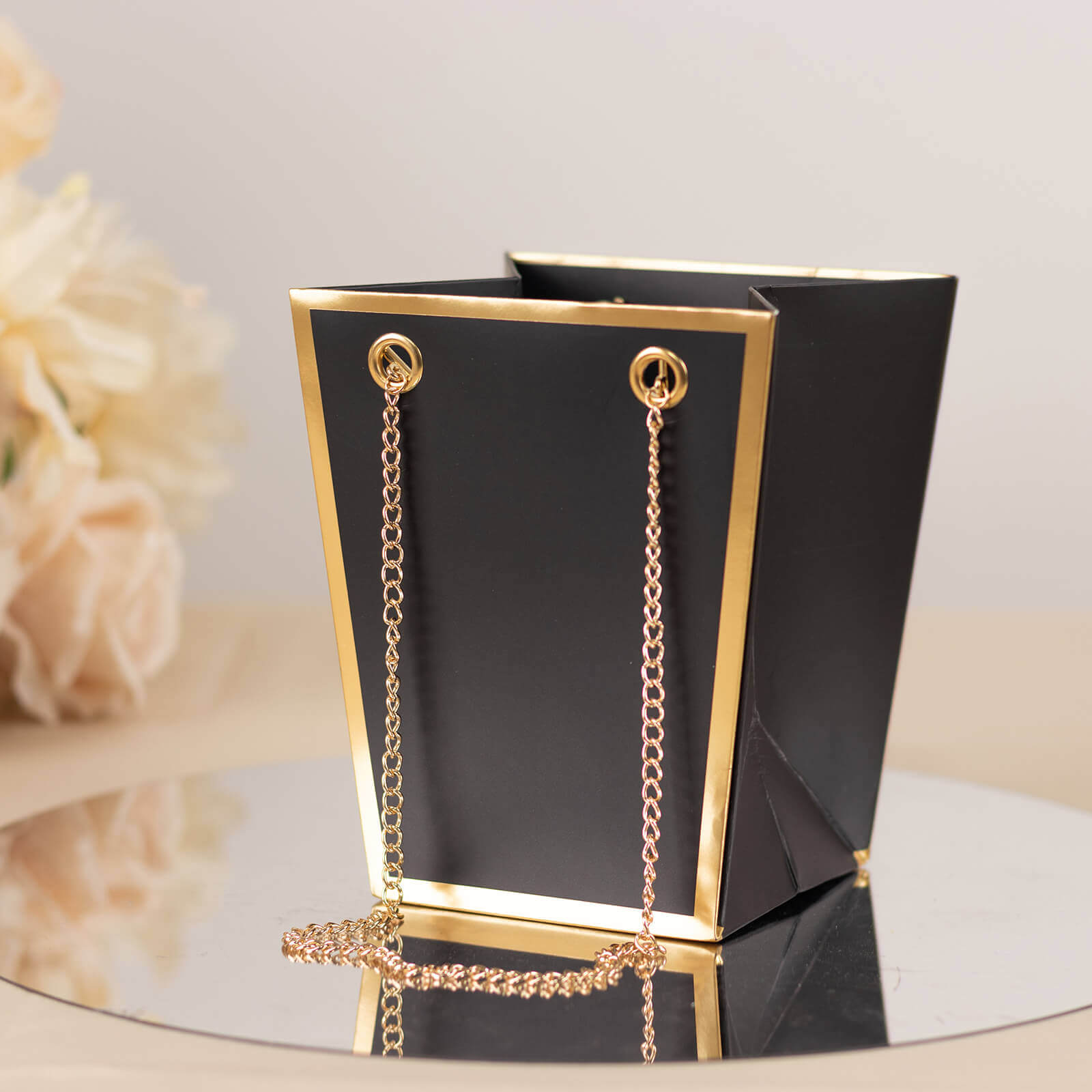 6 Pack Black Gold Edge Paper Flower Gift Bags With Metal Chain Handles, Trapezoid Party Favor Tote Bags - 5x6