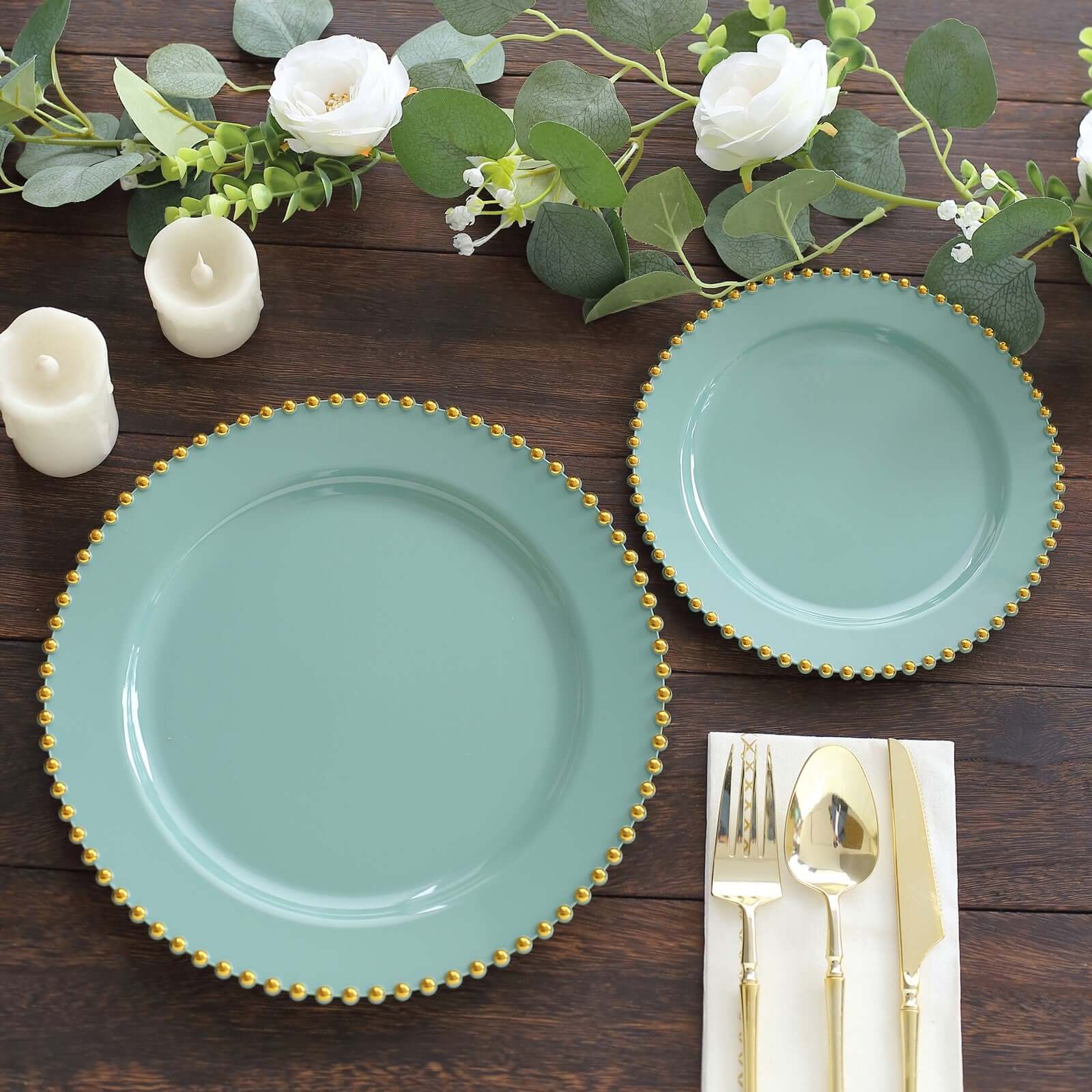 10-Pack Plastic 8 Round Appetizer Dessert Plates in Dusty Sage Green with Gold Beaded Rim - Disposable Salad Plates