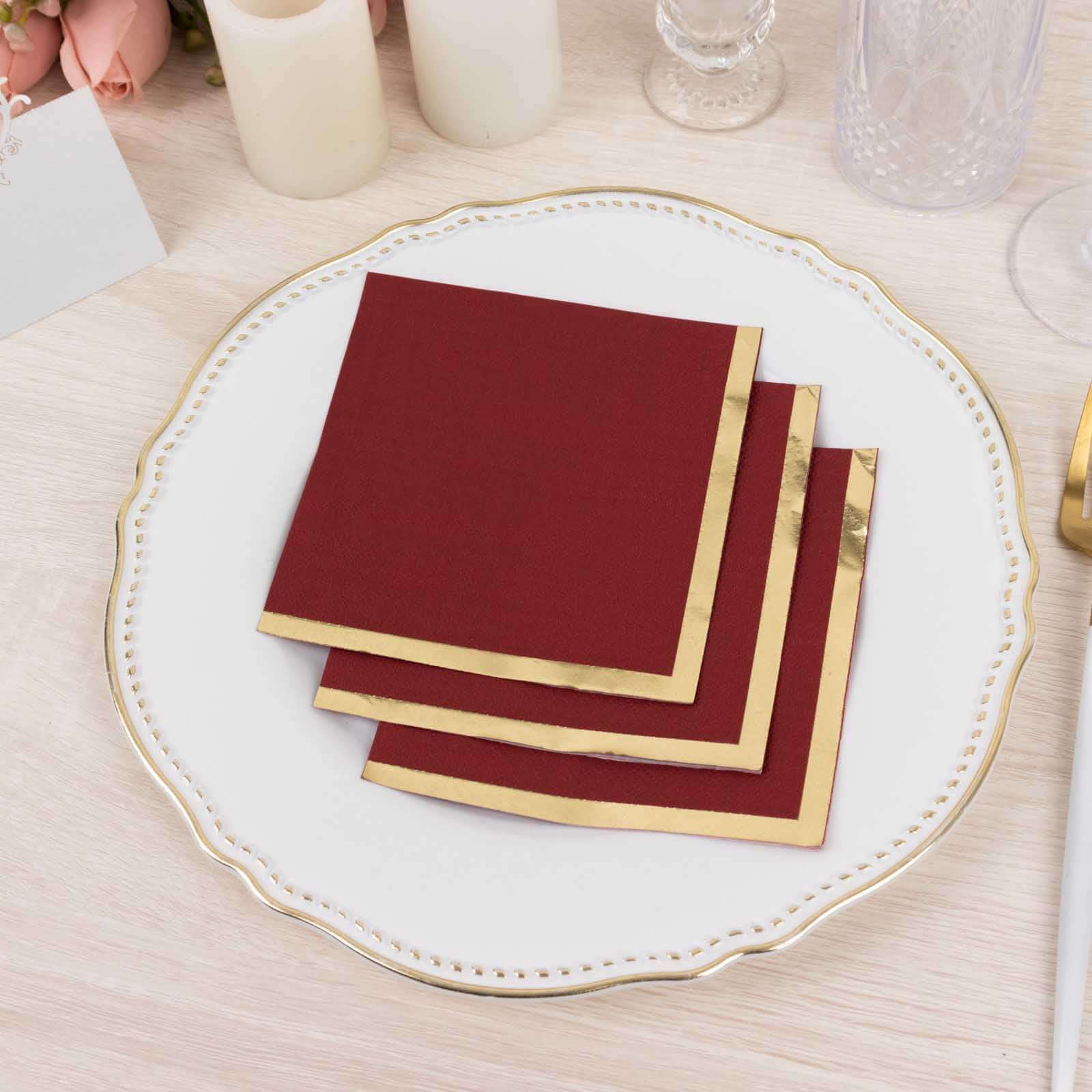 50-Pack Paper Beverage Napkins Burgundy with Gold Foil Edge - 2 Ply Disposable Soft 18GSM Cocktail Napkins 5x5