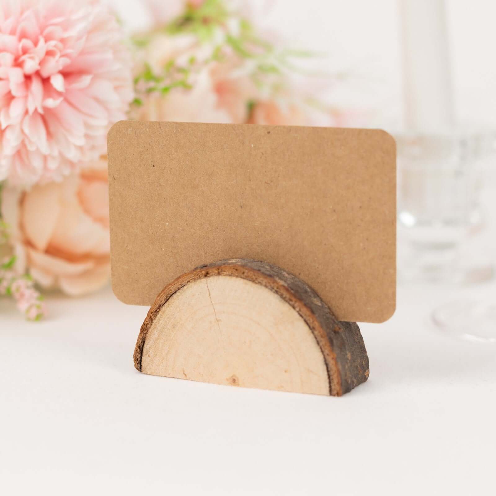 Set of 10 Wood Place Card Holders Rustic Semicircle Design Natural with Brown Paper - Wedding Table Number Display 2.5