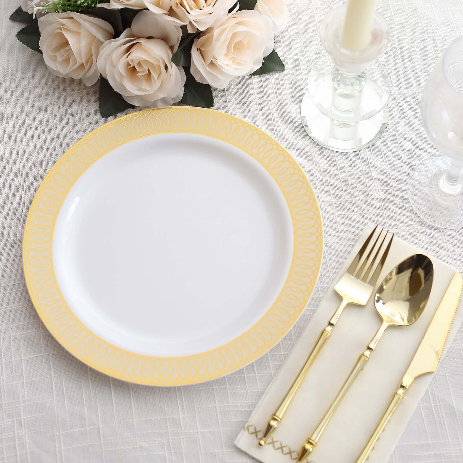 10-Pack Plastic Round Dinner Plates 10 White with Beige Gold Spiral Rim - Chic Disposable Party Plates