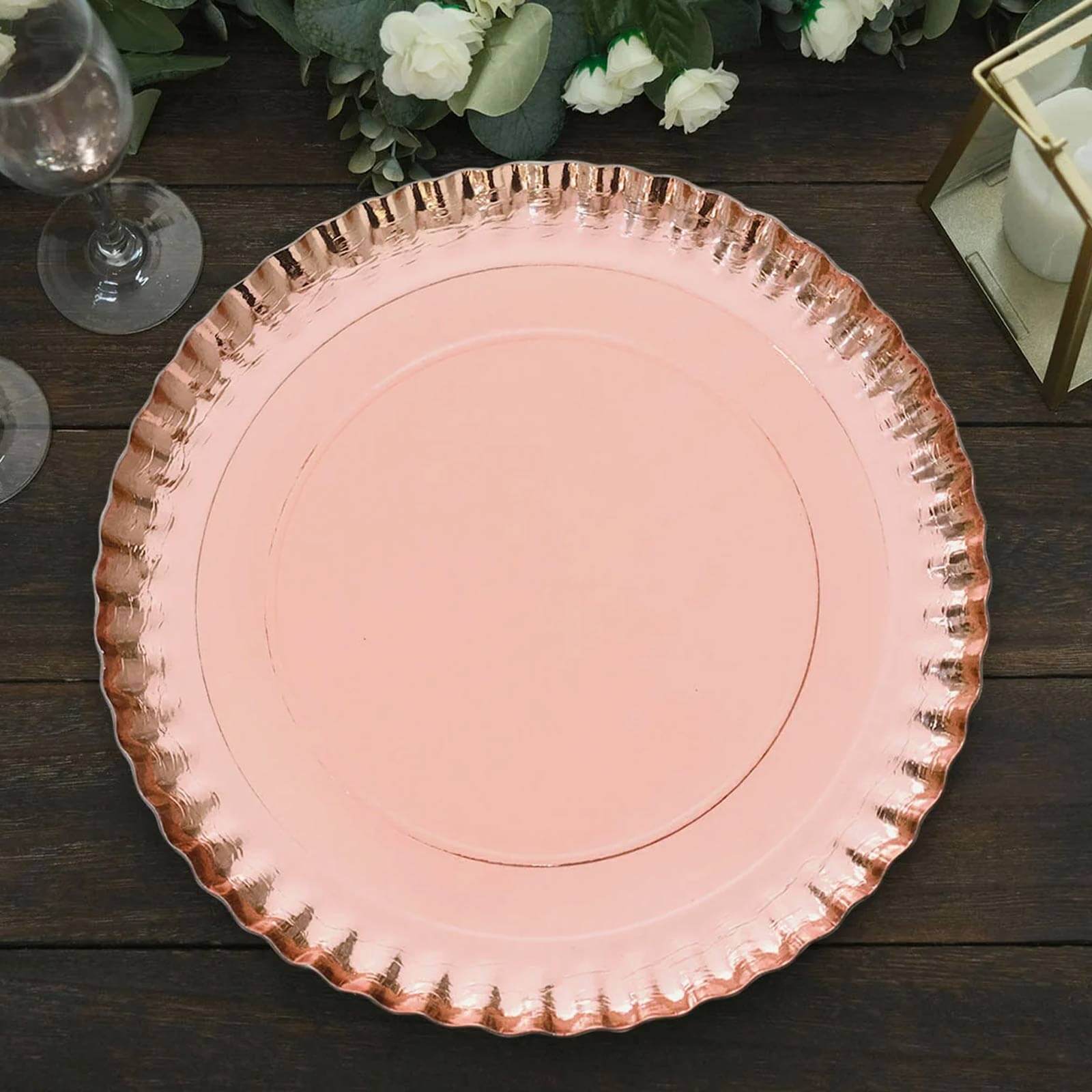 10-Pack Paper 13 Round Charger Plates in Rose Gold with Scalloped Rims - Heavy Duty Disposable 1100GSM Serving Trays