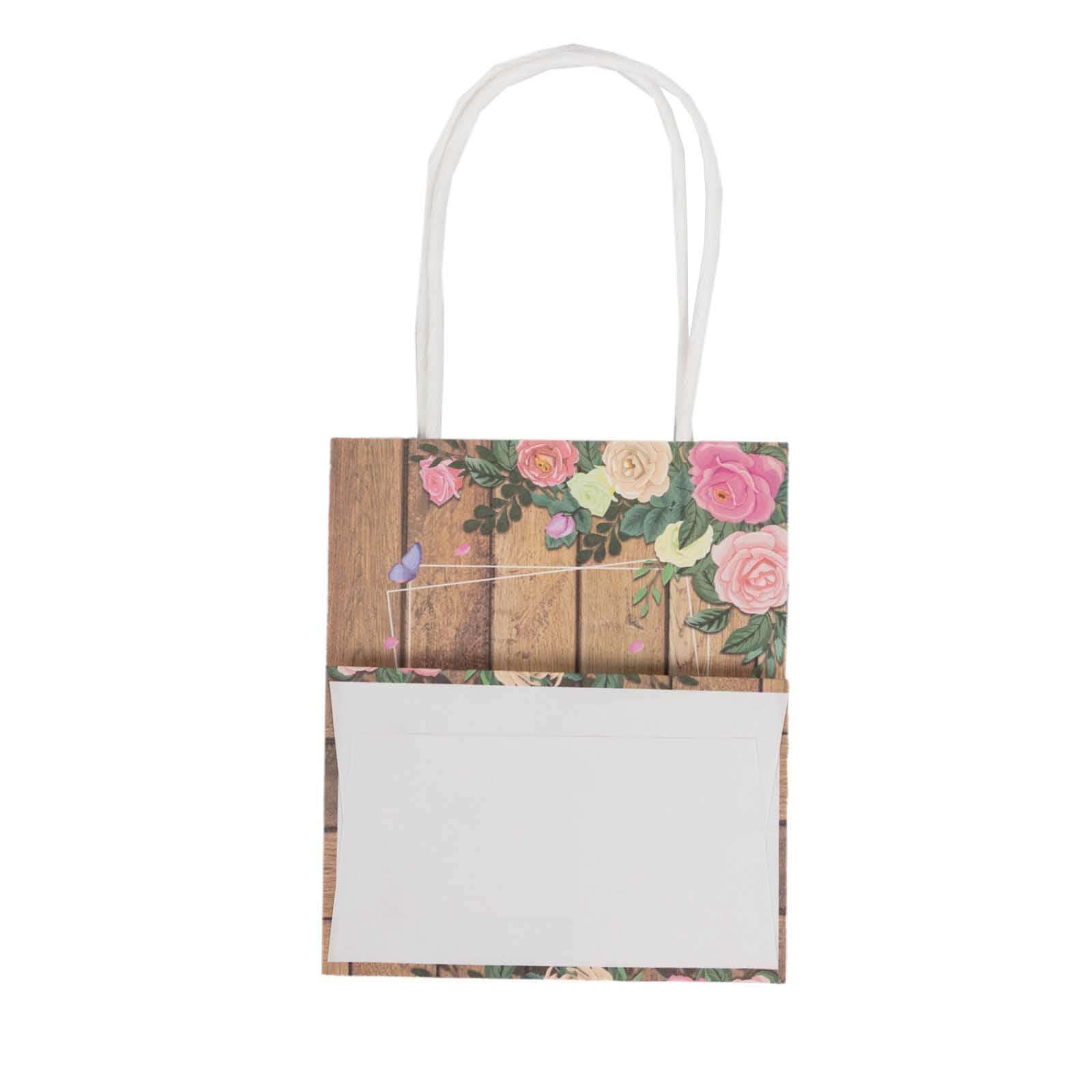 12 Pack Natural Wood Print Paper Party Favor Bags with Rose Floral Accent, Small Gift Goodie Bags With Handles - 4x5