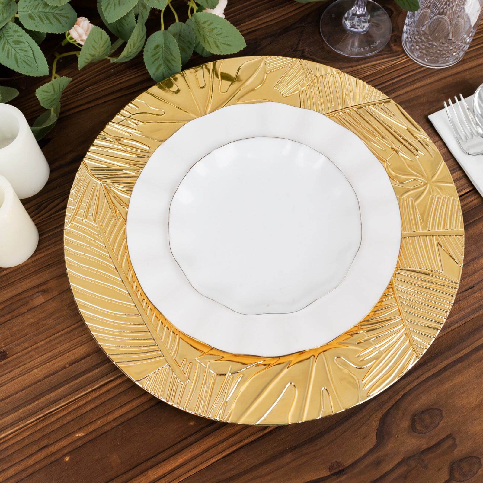 6-Pack Acrylic Round Charger Plates 13 in Metallic Gold with Embossed Tropical Leaves, Decorative Dinner Charger Tableware