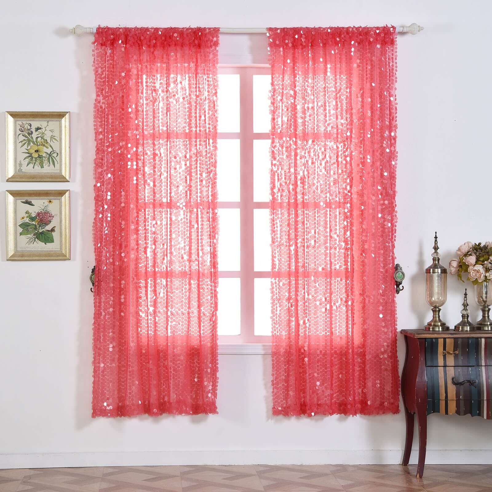 2 Pack Coral Big Payette Sequin Curtains With Rod Pocket Window Treatment Panels - 52x84