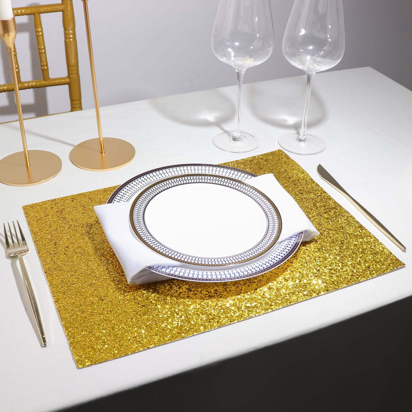 6-Pack Placemats Glitter Design Gold Sparkle Rectangle - Non-Slip Decorative Dining Table Mats 12x18