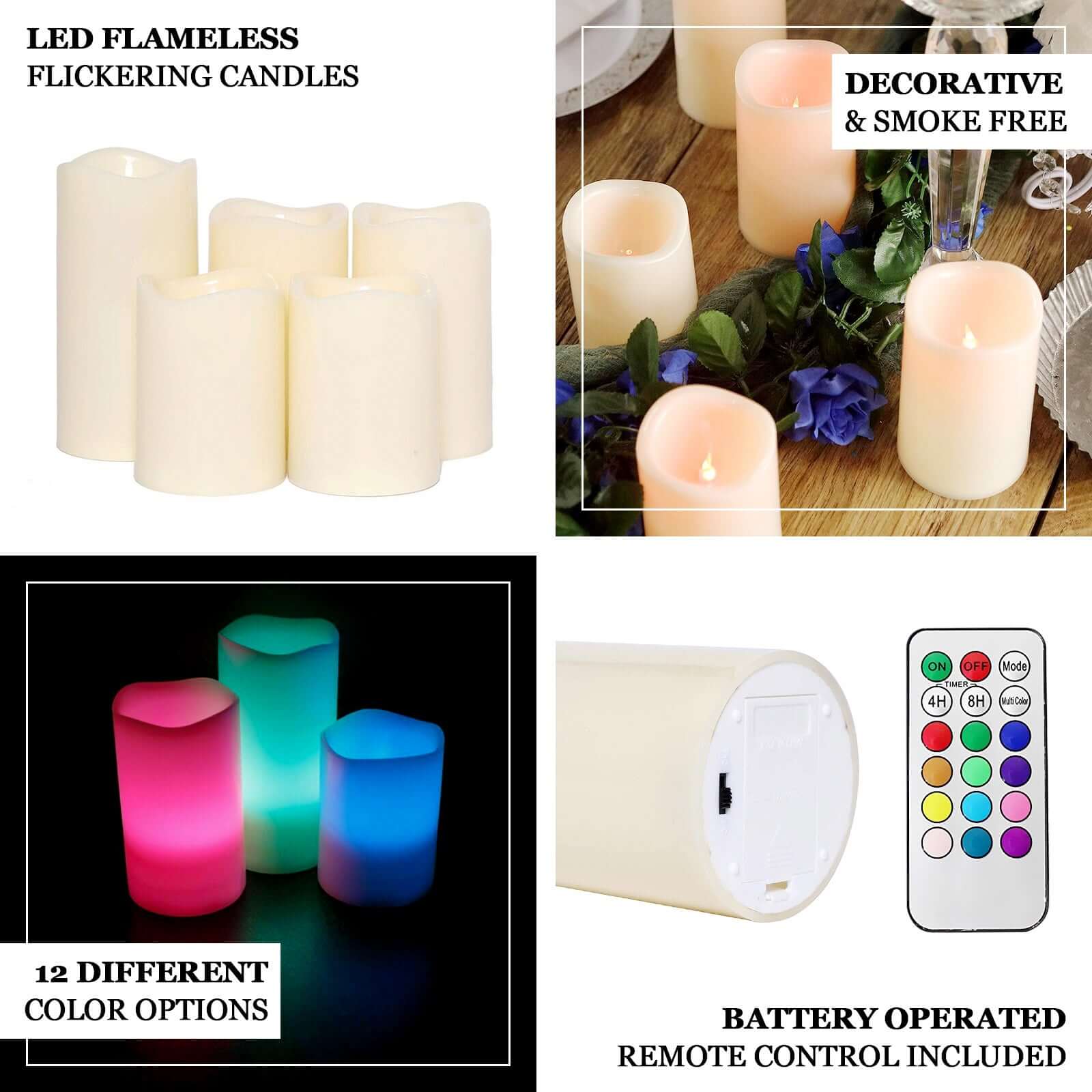 Set of 5 LED Flickering Pillar Candles Color Changing Ivory with Remote - Battery Operated 4, 5, 6