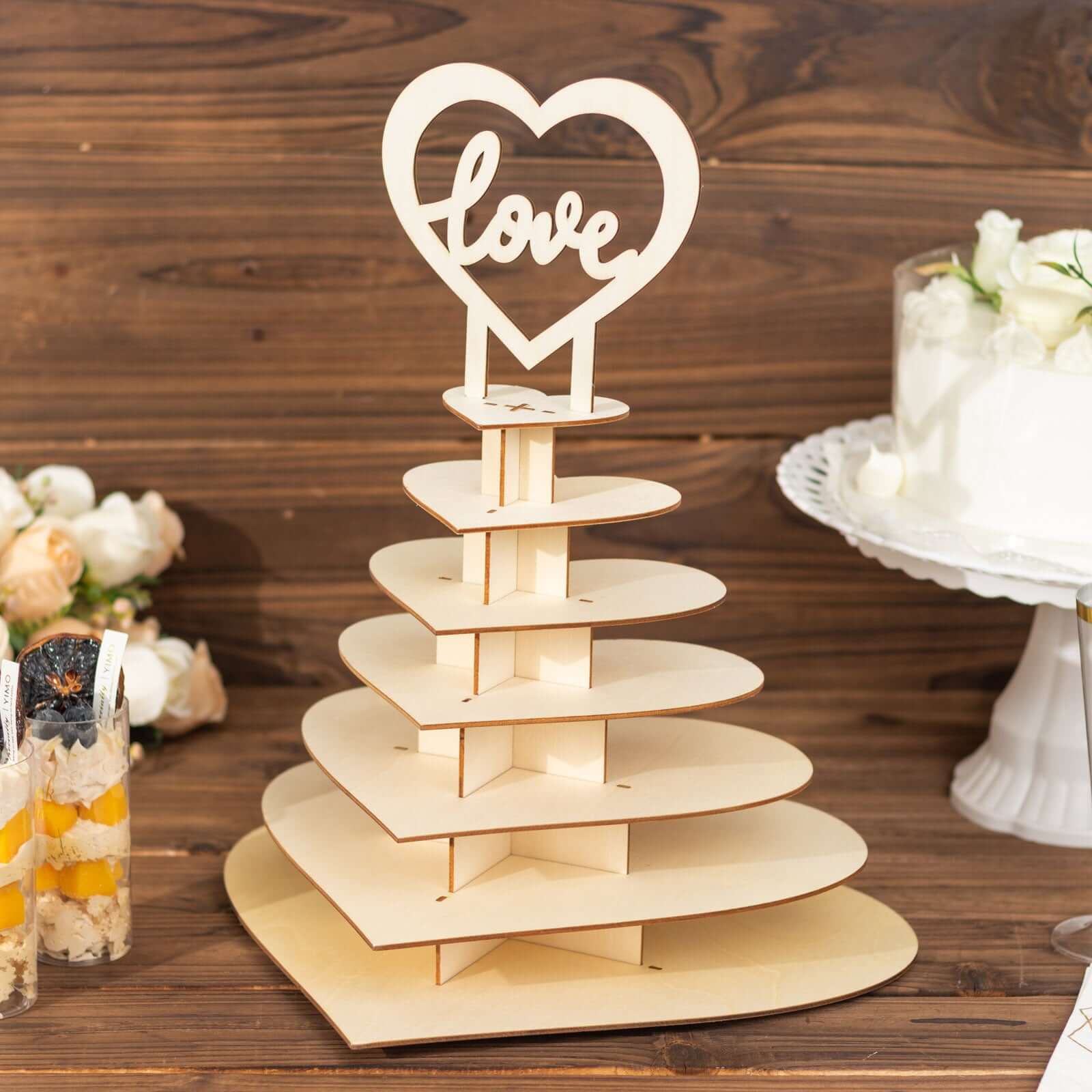 7-Tier Wooden Chocolate Display Stand Heart Shape Natural with Love Topper - DIY Dessert Table Tower Rack 16