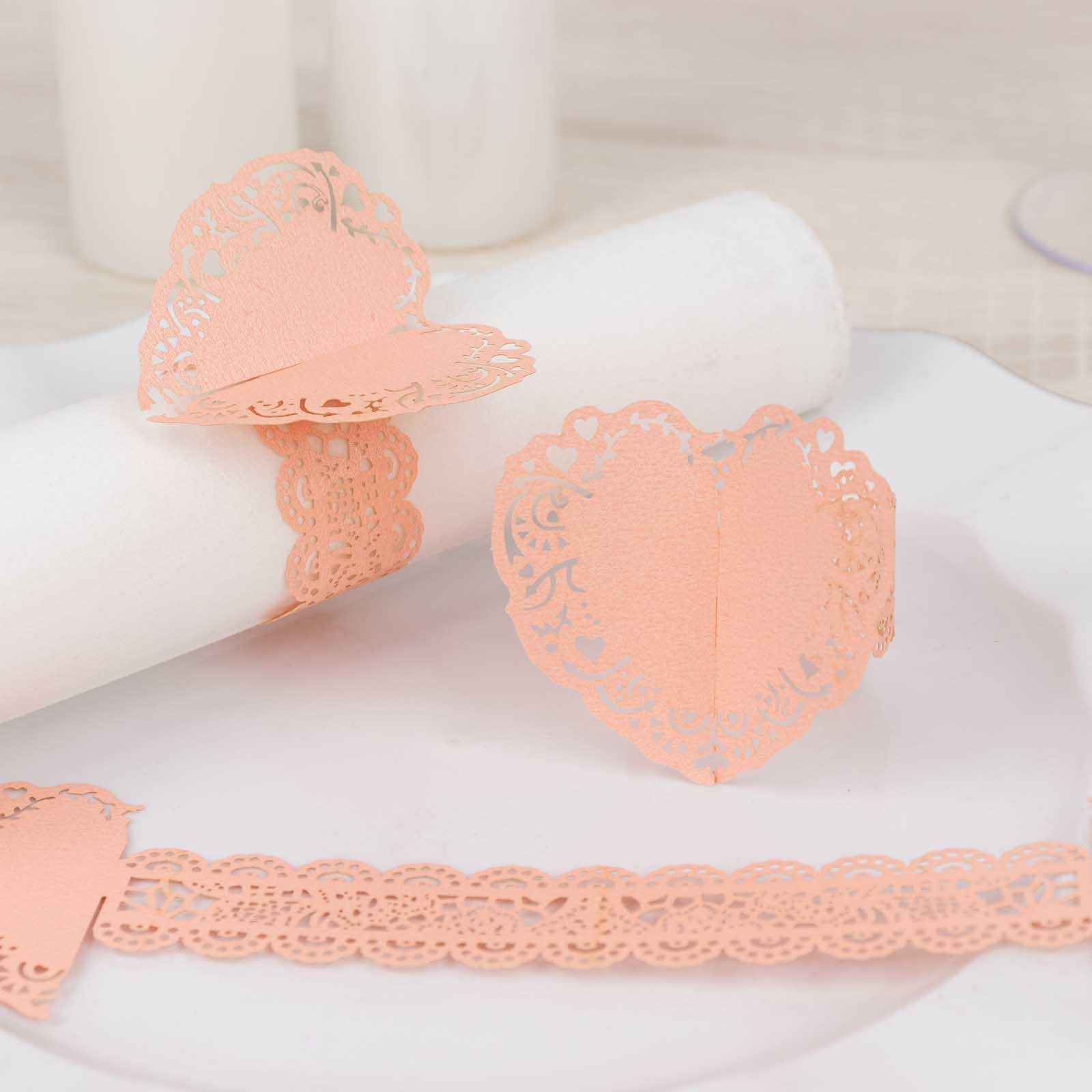 12 Pack Blush Shimmery Laser Cut Heart Paper Napkin Holders with Lace Pattern, Disposable Napkin Rings Bands