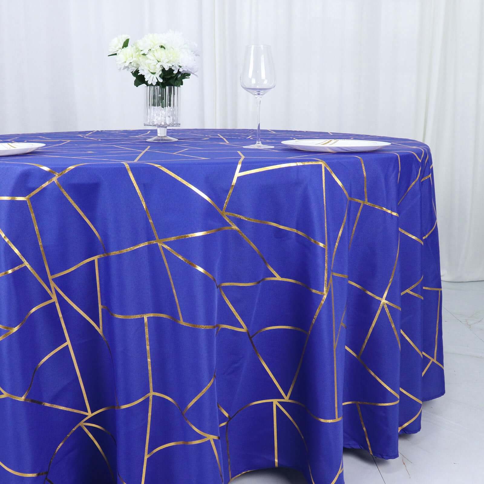 Polyester 120 Round Tablecloth Royal with Gold Foil Geometric Pattern Wrinkle-Resistant Seamless Table Cover