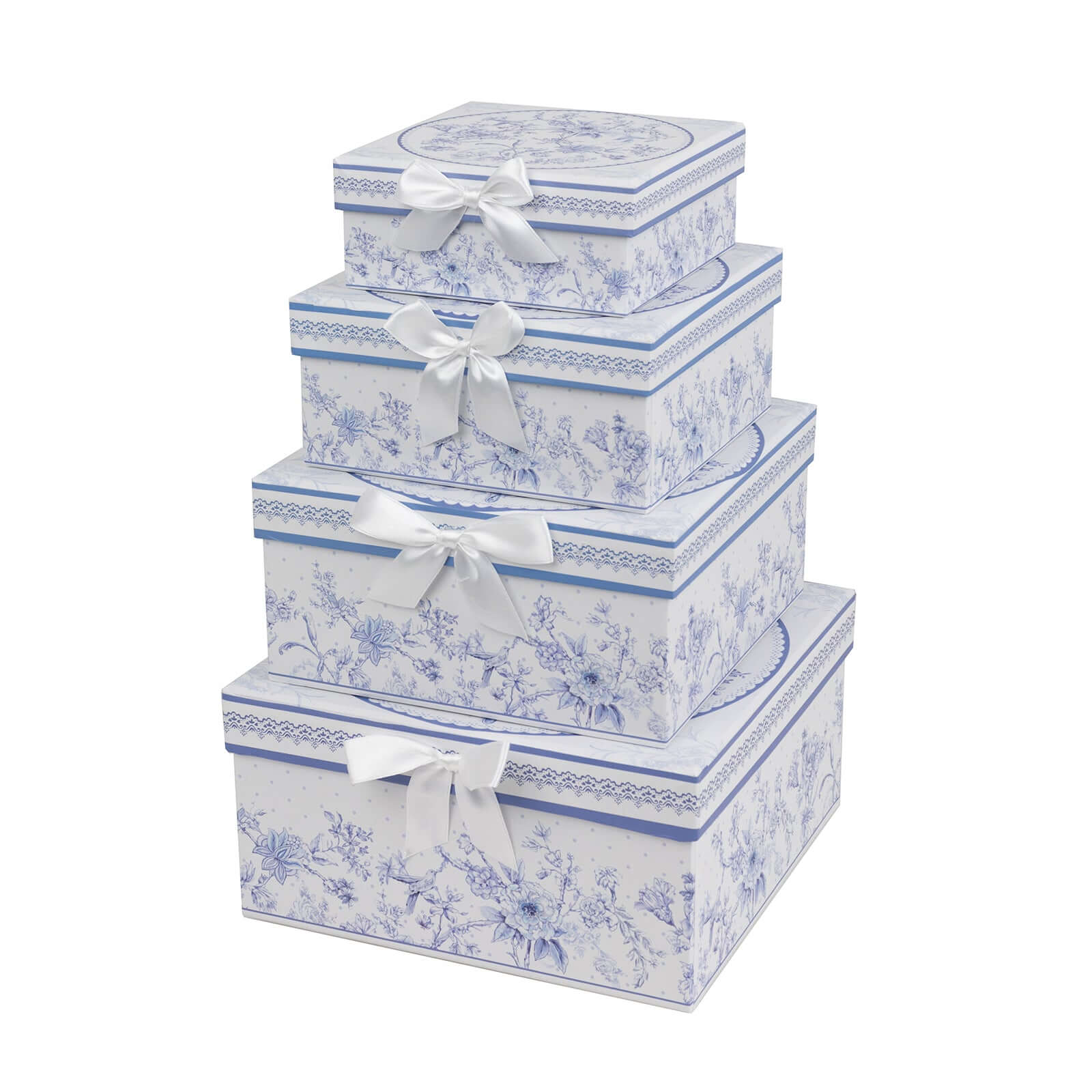 Set of 4 Cardstock Round Nesting Gift Boxes White Blue French Toile Design - Decorative Heavy Duty Stackable Keepsake Boxes With Lids for Presents Storage & Pedestal Stand 5,7,8,9