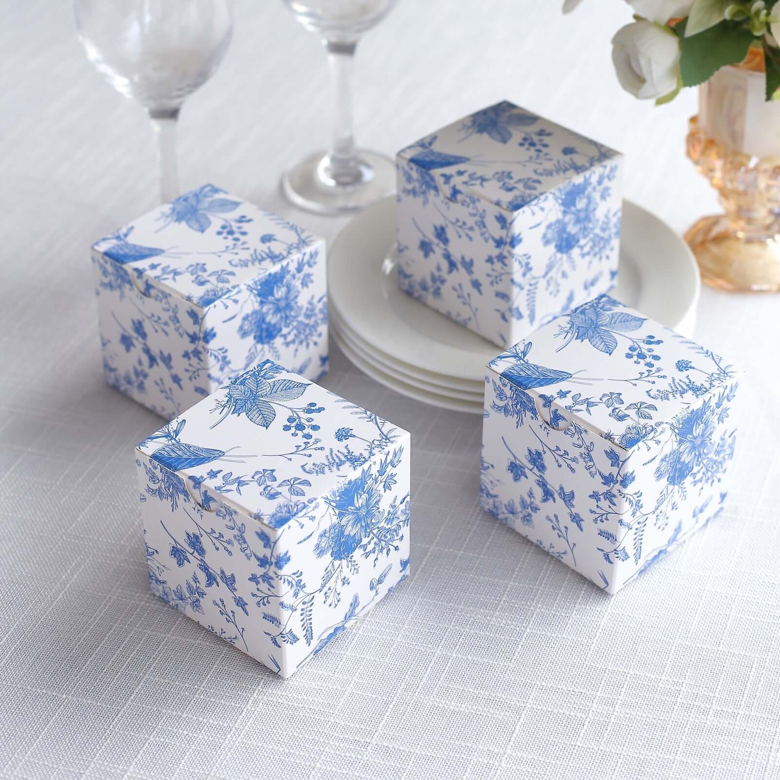 25 Pack White Blue Paper Favor Boxes in French Toile Pattern, Cardstock Party Shower Candy Gift Boxes - 3x3x3