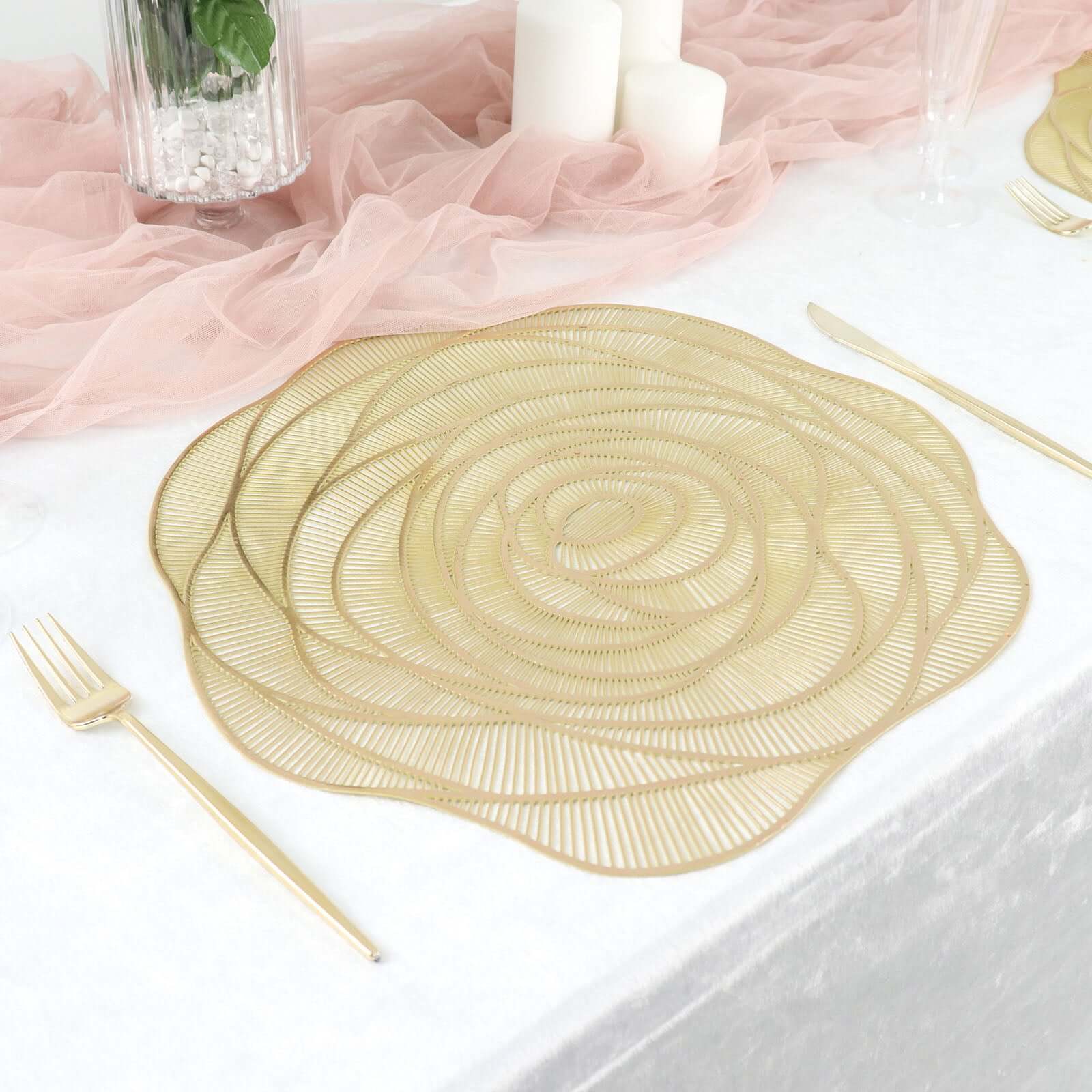 6-Pack Dining Table Mats Rose Flower Design Metallic Gold - Vinyl Round Non-Slip and Washable Table Mats 15