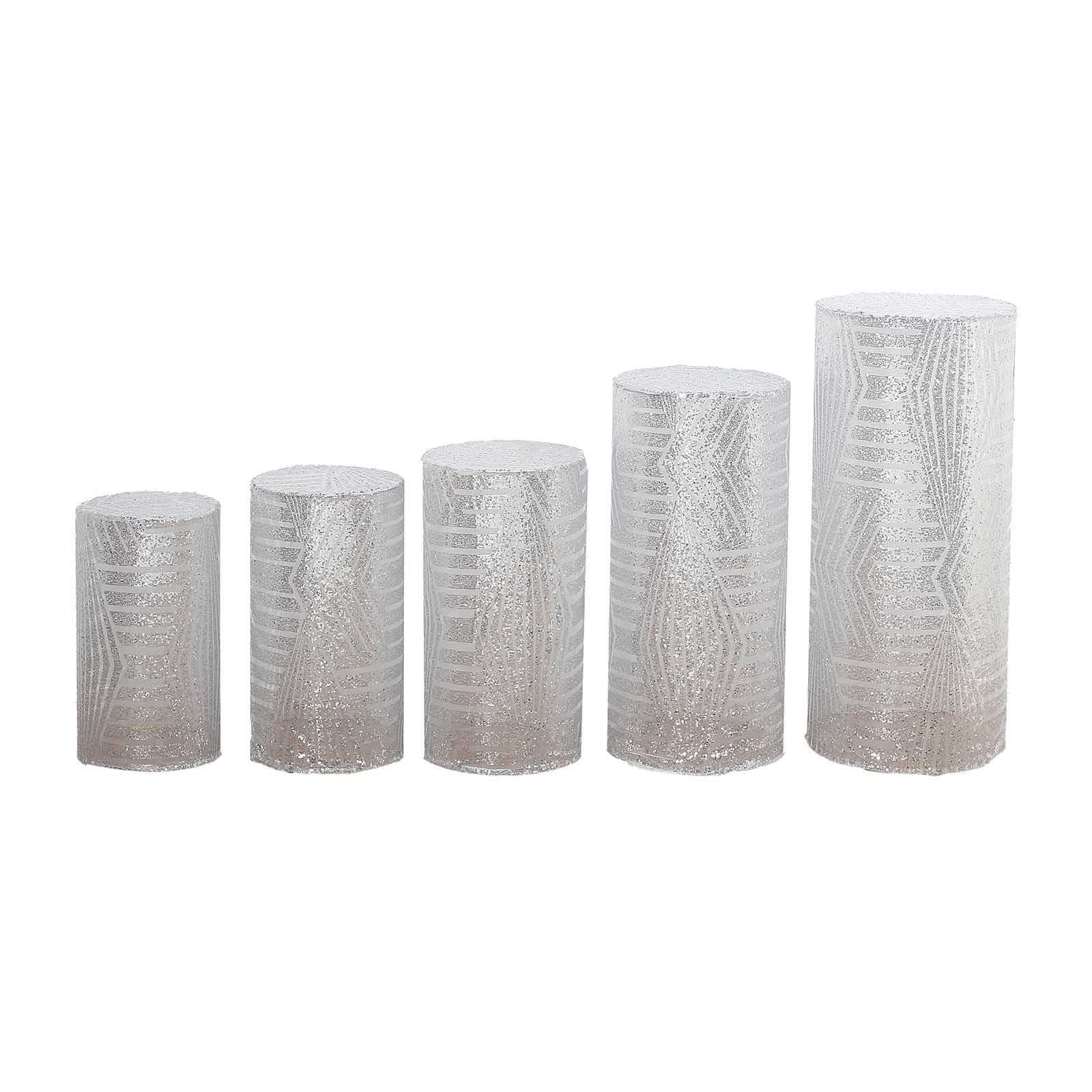 Set of 5 Silver Sequin Mesh Cylinder Pedestal Stand Covers with Geometric Pattern Embroidery, Sparkly Sheer Tulle Pillar Prop Covers