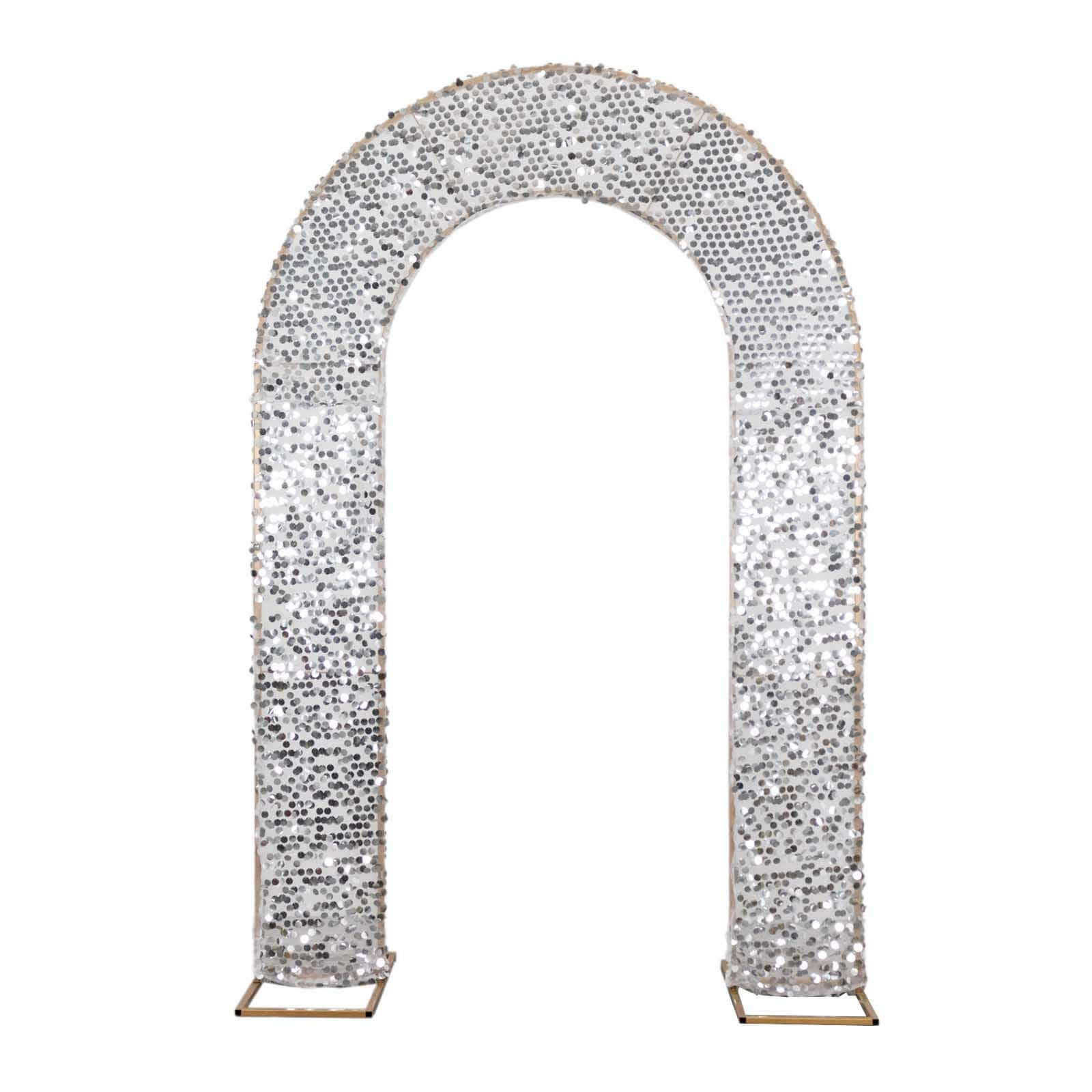 8ft Silver Big Payette Sequin Open Arch Wedding Arch Cover, Sparkly U-Shaped Fitted Backdrop Slipcover