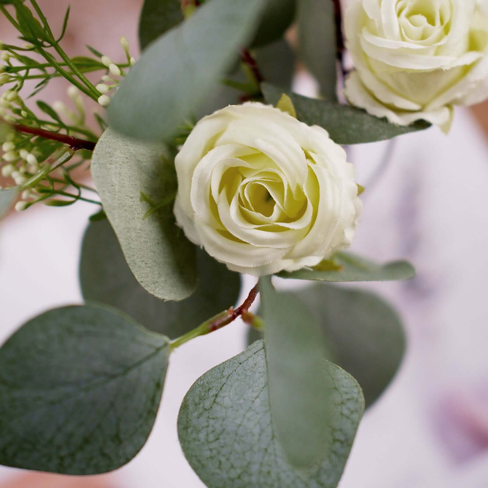 15 Ivory Artificial Silk Rose and Eucalyptus Flower Bouquet Arrangement