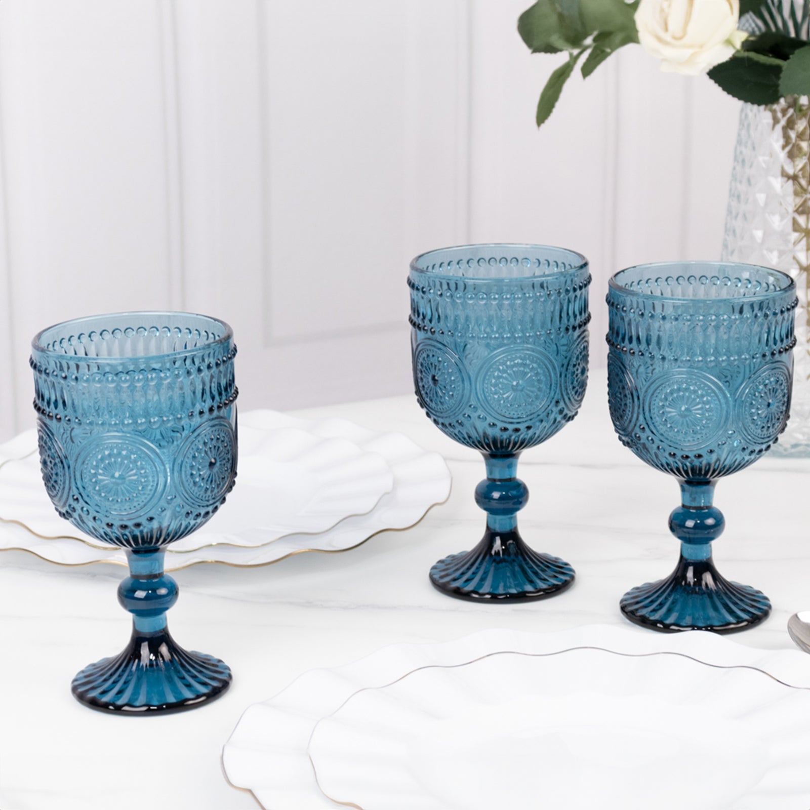 6-Pack Wine Glasses Ocean Blue Vintage Embossed Design with Textured Floral Pattern - Short Stemmed Glasses for Drinks & Cocktails 12oz