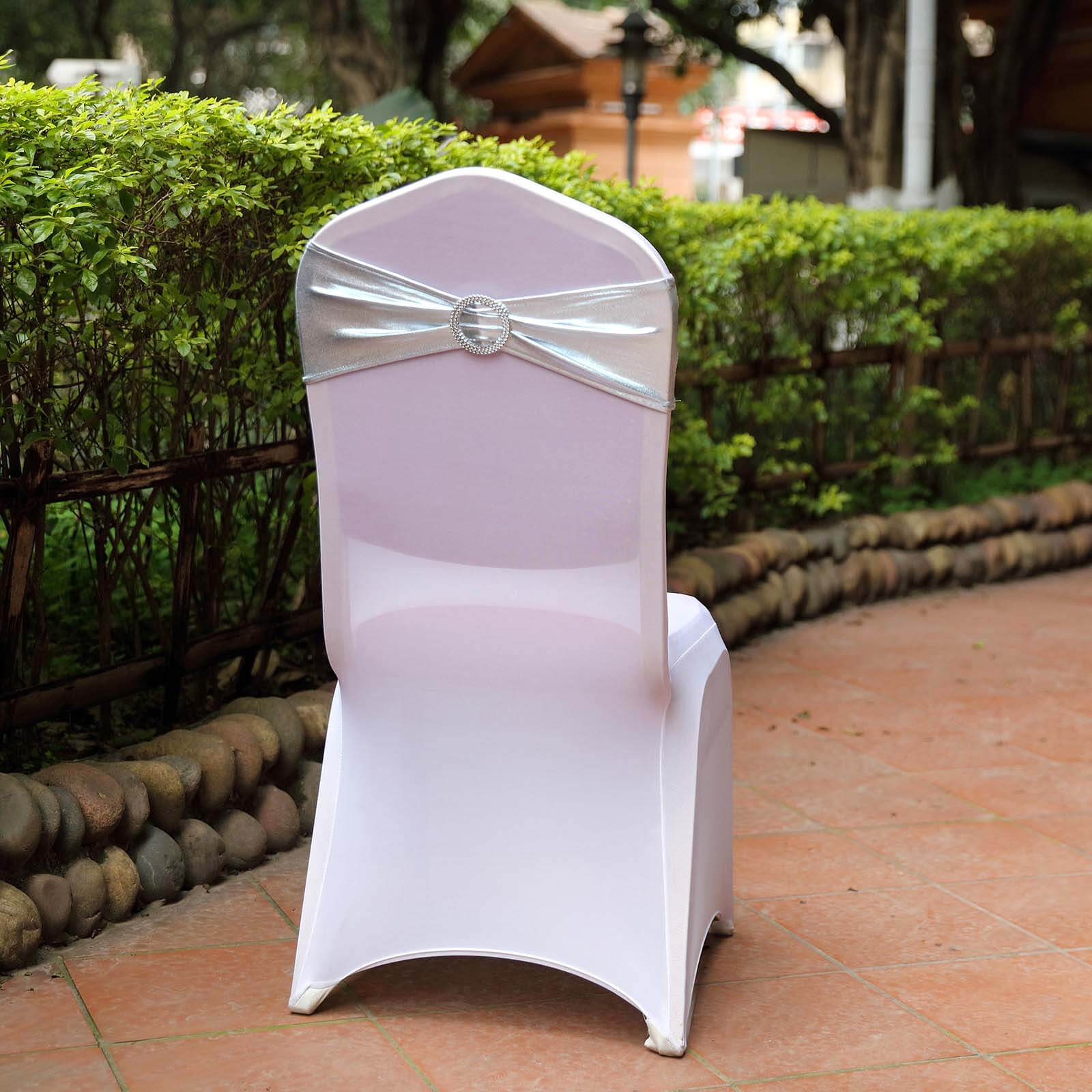 5 Pack Metallic Spandex Chair Sashes Silver - Stretch Fit Chair Bands With Round Diamond Buckles