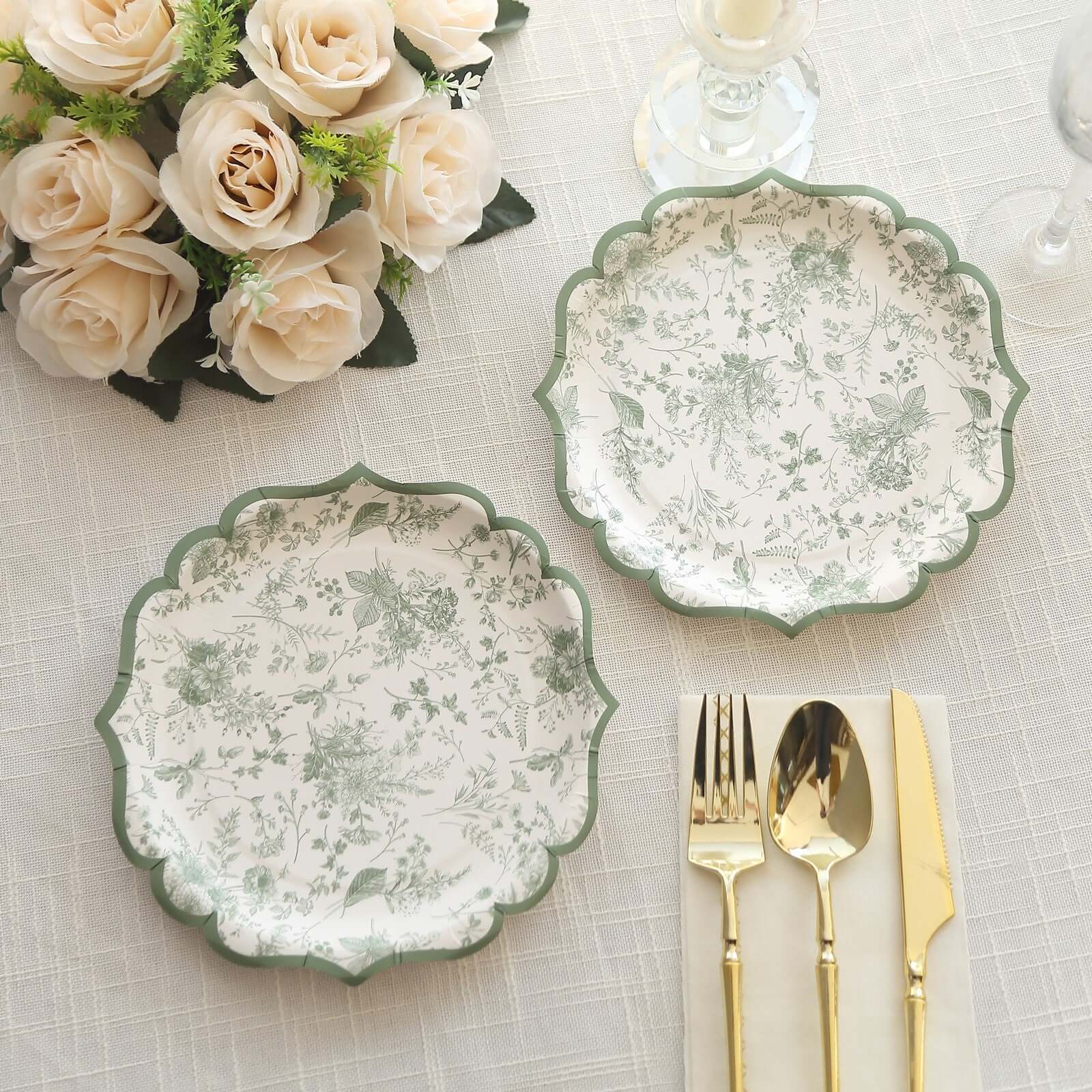 25-Pack Paper 8 Round Dessert Plates in White with Sage Green French Toile Design & Scalloped Rim - Disposable 300GSM Salad Appetizer Plates for Stylish Table Decor