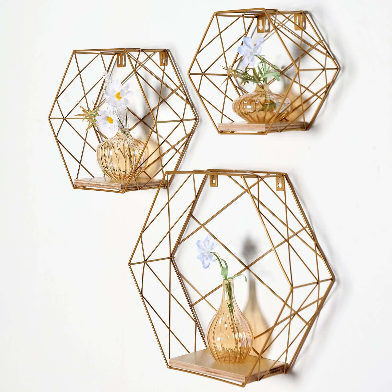 3 Pack Gold Hexagonal Floating Wall Shelves, Decorative Geometric Wall Mounted Shelves - 9,12,14