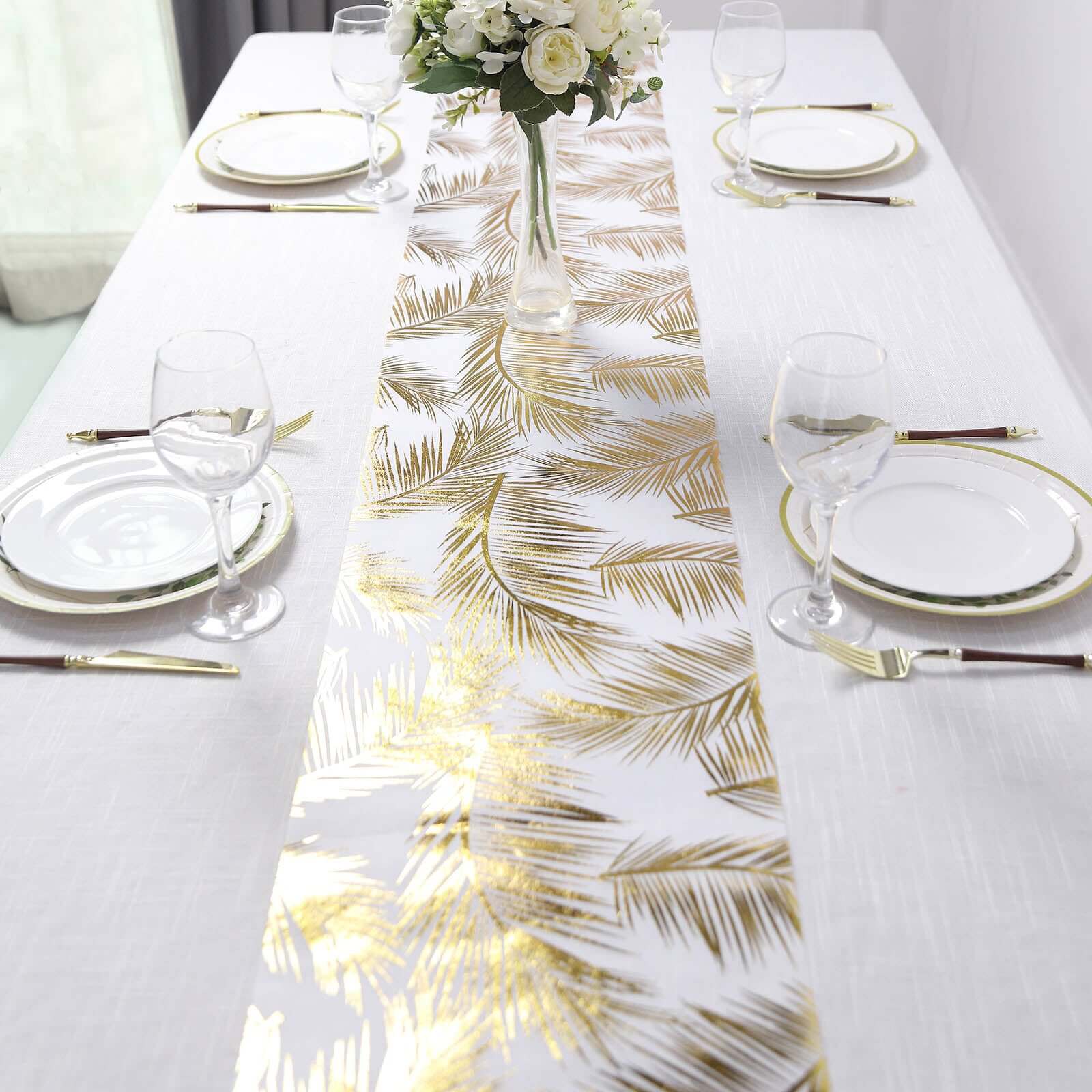 Disposable Table Runner Roll 108 Metallic Gold Foil Palm Leaves Print - Chic Non-Woven Tropical Table Decor for Events