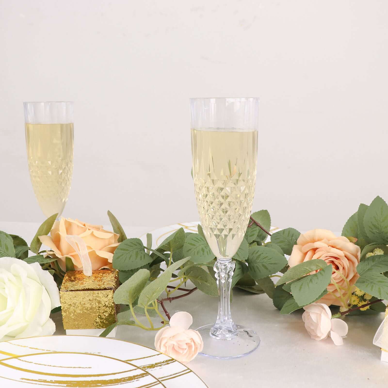 6-Pack Plastic Wedding Toast Flutes Clear Transparent Crystal Cut Style - Reusable Champagne Glasses 8oz