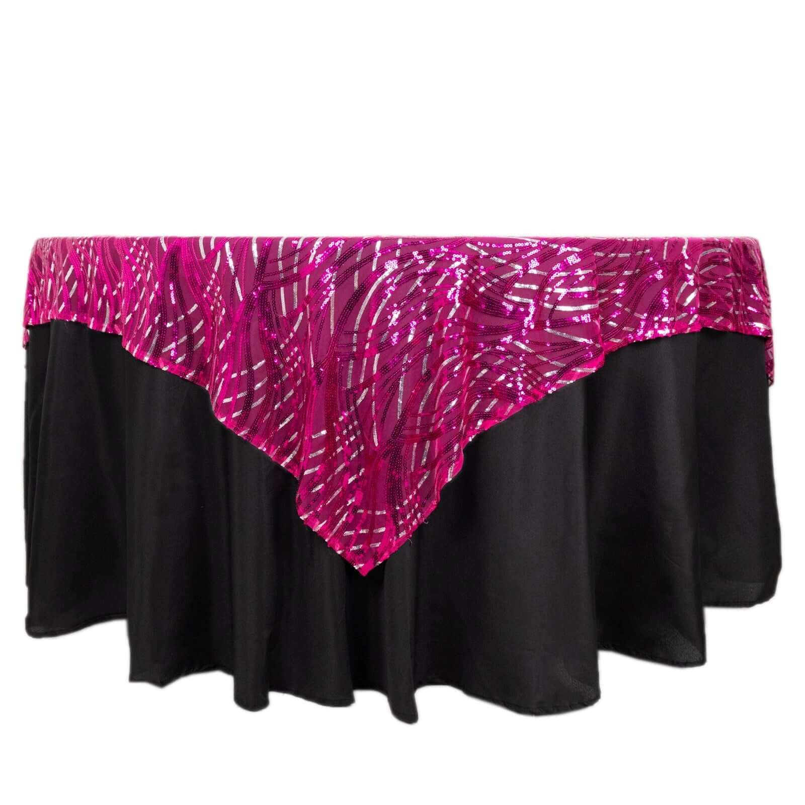 Mesh 72x72 Table Overlay Square Tablecloth Fuchsia Silver - Wave Embroidered Sequins Table Topper