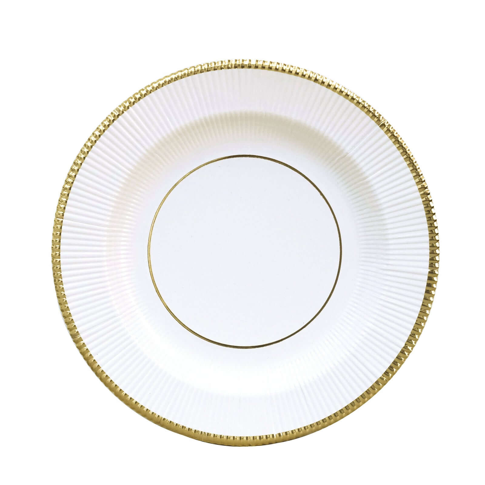 25-Pack Paper 8 Round Dessert Plates in White Sunray Design with Gold Rim - Disposable Heavy Duty 350GSM Appetizer Salad Plates for Banquets & Celebrations